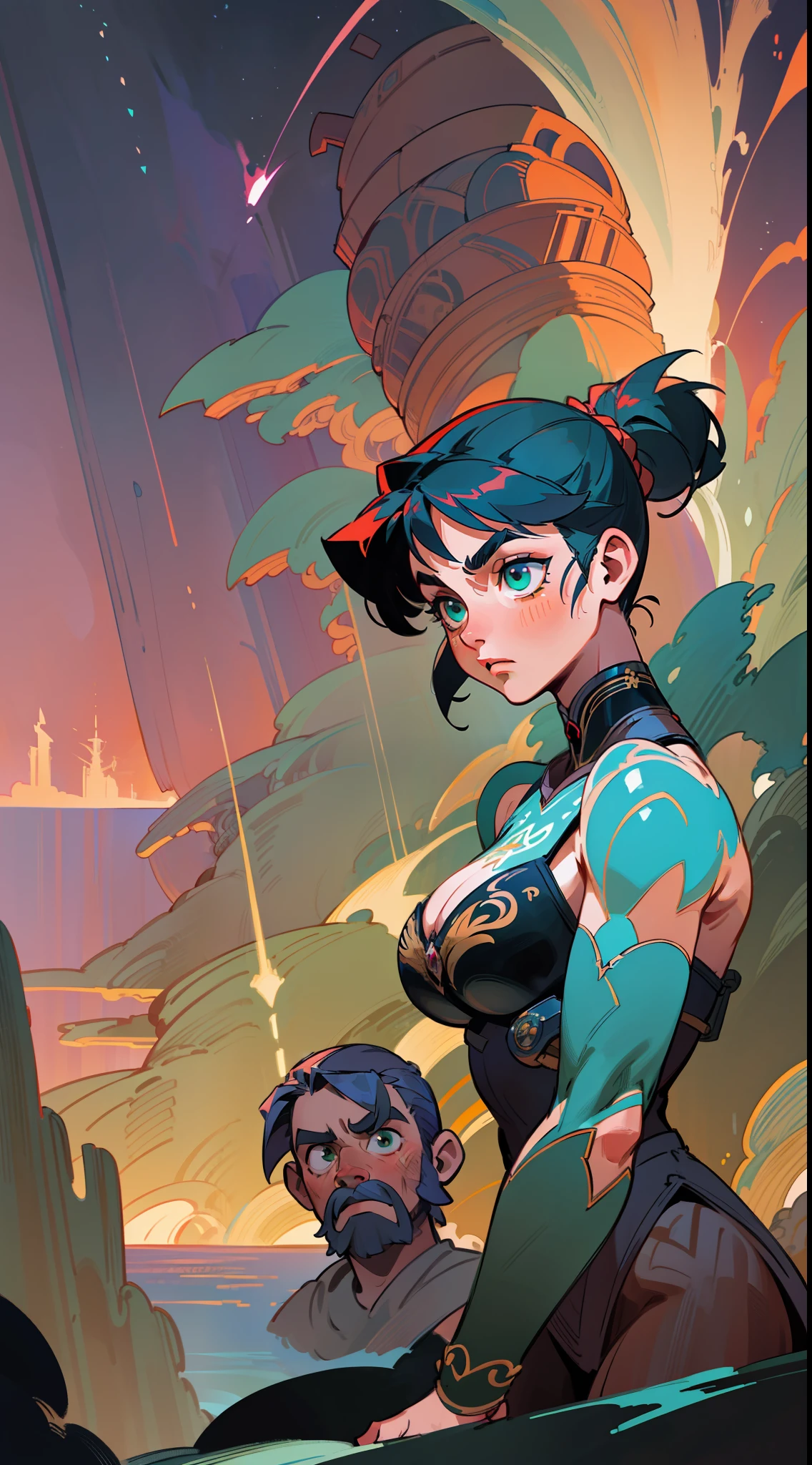 a giant, muscular valkyrie warrior, sea landscape, fantasy magic, undercut hairstyle, short red black fade hair!!!!!!, dark light night, intricate, elegant, sharp focus, illustration, highly detailed!!!!!!!, digital painting, concept art, green neon smoke, matte painting, art by WLOP and Artgerm and Greg Rutkowski and Alphonse Mucha, masterpiece