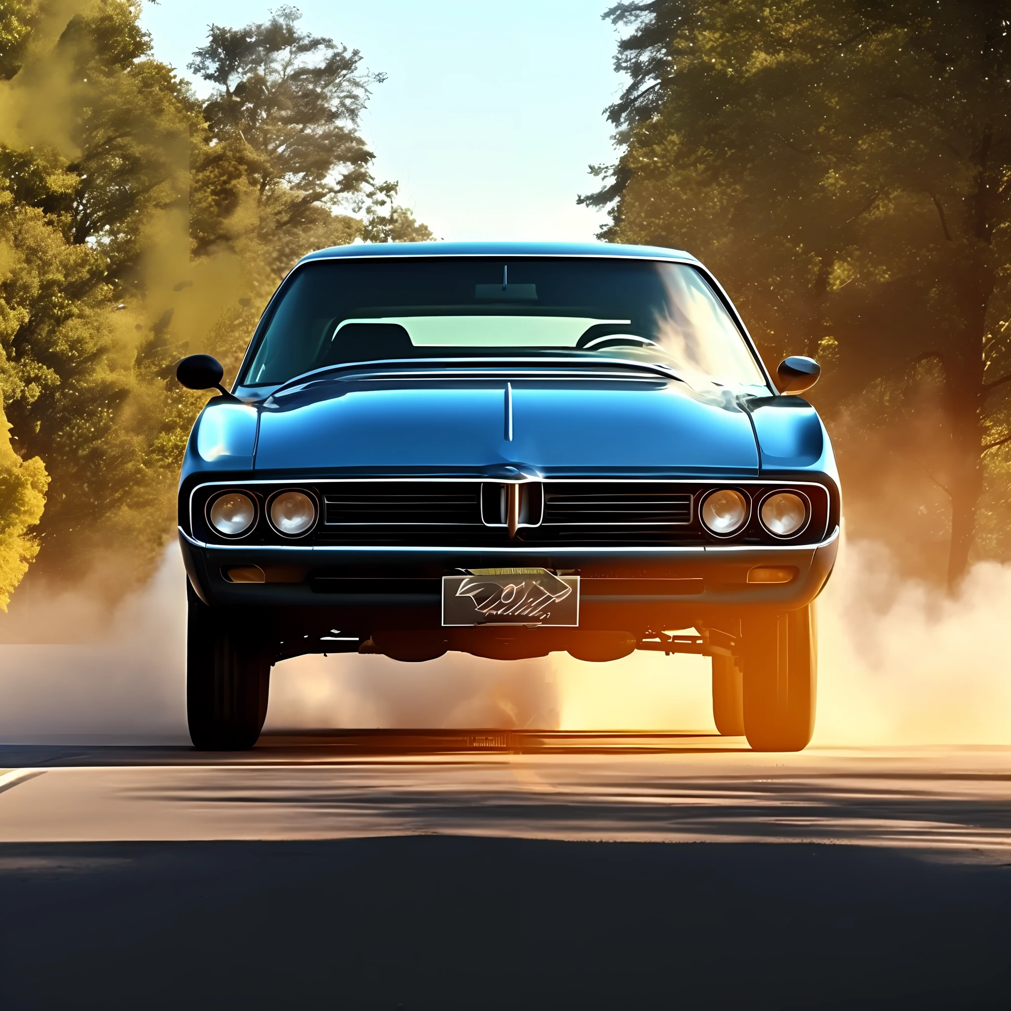 Car, Maverick 1976, black color, middle of the road at 45º angle, smoke, tire mark on the asphalt, blue sky, rays of sun among the trees of the woods. Masterpiece, 4k