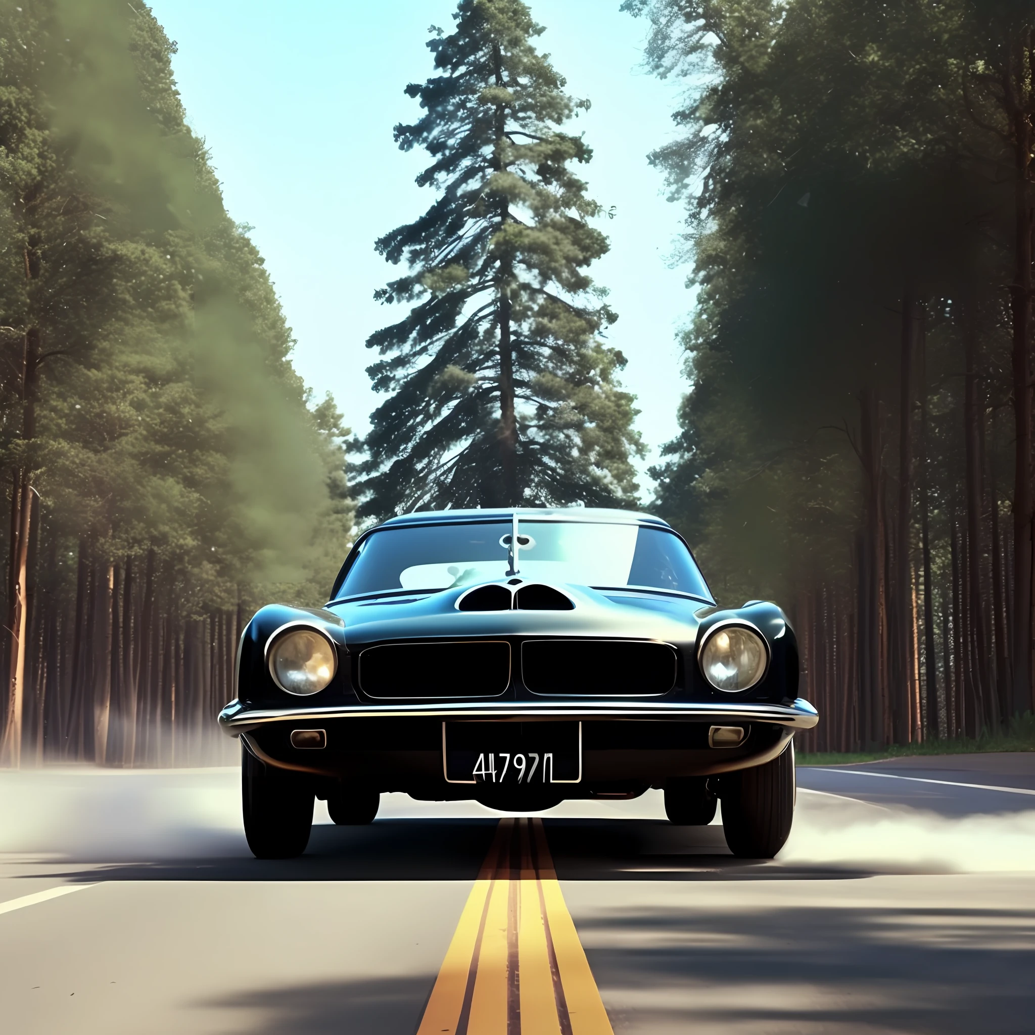 Car, Maverick 1976, black color, middle of the road at 45º angle, smoke, tire mark on the asphalt, blue sky, rays of sun among the trees of the woods. Masterpiece, 4k