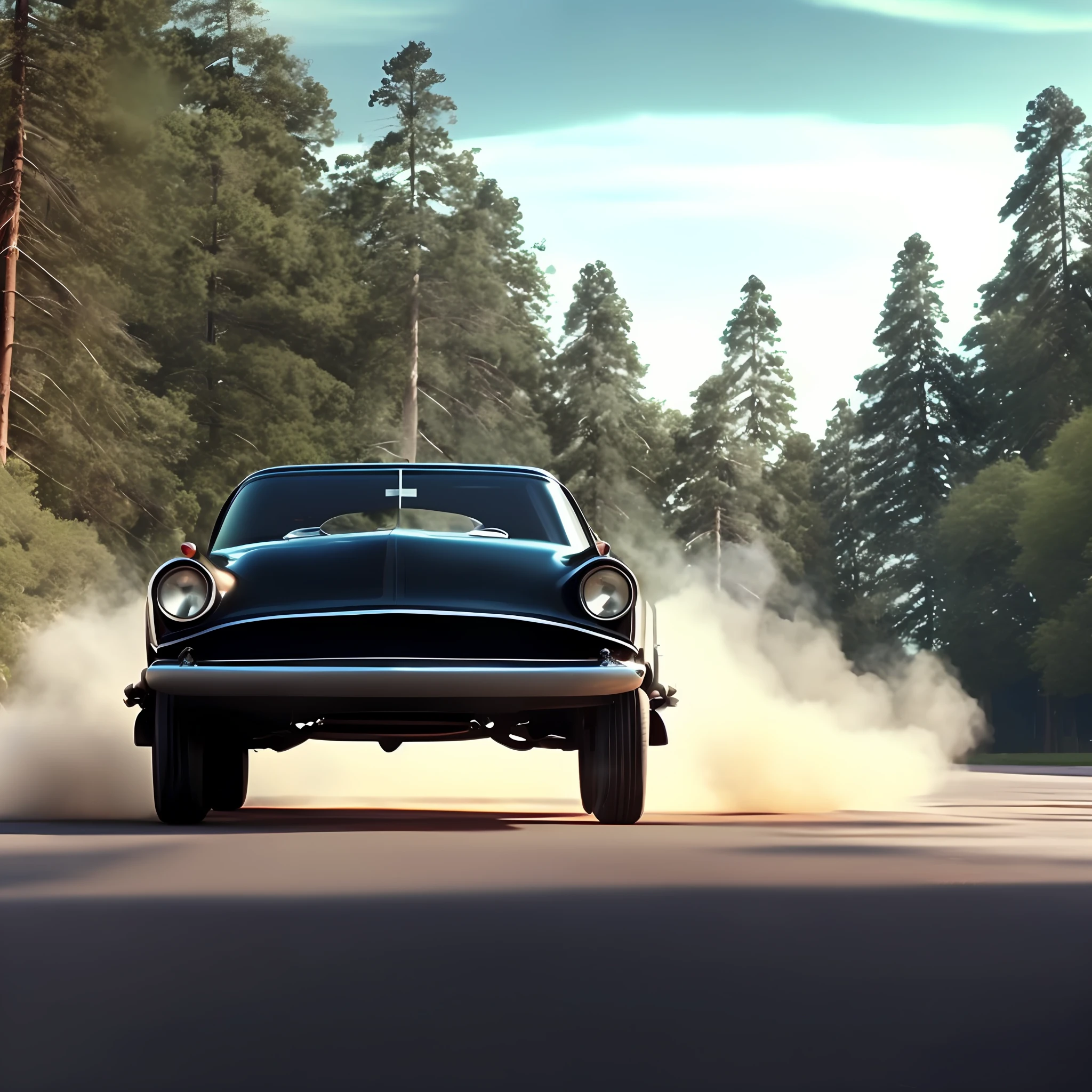 Car, Maverick 1976, black color, middle of the road at 45º angle, smoke, tire mark on the asphalt, blue sky, rays of sun among the trees of the woods. Masterpiece, 4k