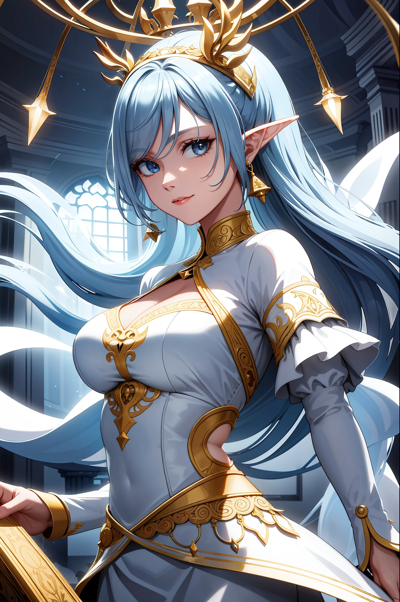 Smart and elegant elves, white elegant and dignified clothes, with many gold intricate embroidery, in the palace of prayer, bust portrait, holding a delicate glass bottle, the bottle is a mysterious and complex forest town landscape trapped inside, atmospheric oliva lighting, 4k UHD, dark atmosphere, ultra-detailed, vivid colors, masterpieces, official art, dreamy and mysterious, epic composition, octane rendering, clear focus, high-resolution isometry