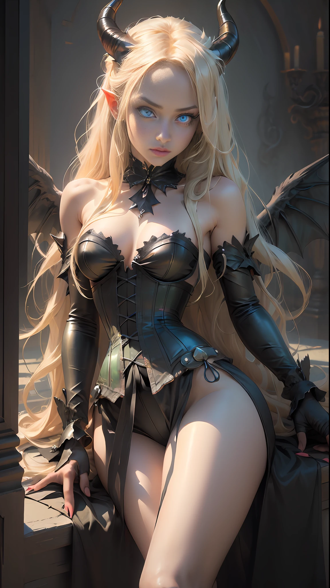 (((Perfect eyes))), ((Perfect limbs))), ((Perfect feature))),Realistic masterpiece of a demon girl with long blonde hair, a corset, horns, black wings, cat eyes, and perfect green eyes in a dark environment.