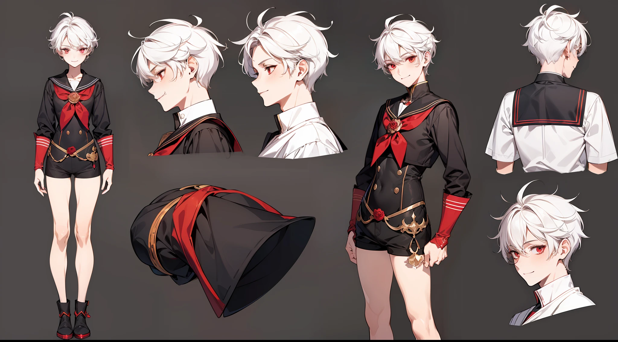 ((masterpiece)),(((best quality))),(character design sheet,same character,front,side,back), Reference sheet of a cute boy, short white hair, red eyes, smiling, black sailor outfit with short shorts, red rose as accessory, detailed face, detailed hair, (simple background, white background: 1.3)