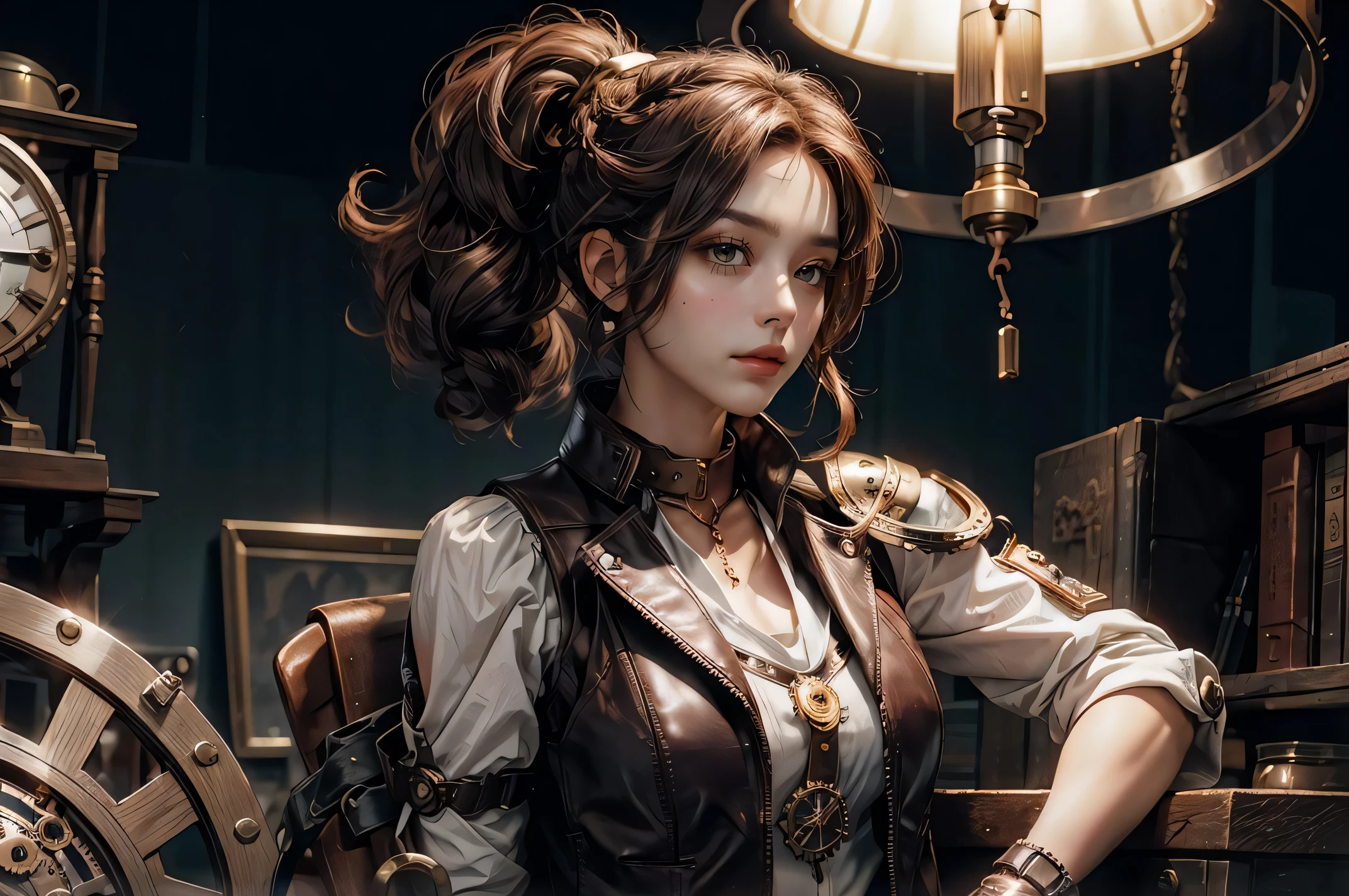 steampunk_inventor, (coppery curled hair), gear_headband, ([leather vest|goggled corset]:1.3), [mechanical_arm::10], brass ([collar:clockwork trim:0.4]:1.7) assembled on ([metal pauldron:winged shoulder:0.4]:1.5), forehead, tinkering, bronze eyes, utility_belt, cog_bracelets, airship, wrench, [ponytail, gear_braid:0.1], [gloves, pocket_watch, striped_pants:0.4],
offshoulder,
Expressive Hues, Vibrant Palette,Dynamic Brushwork,sharp focus,