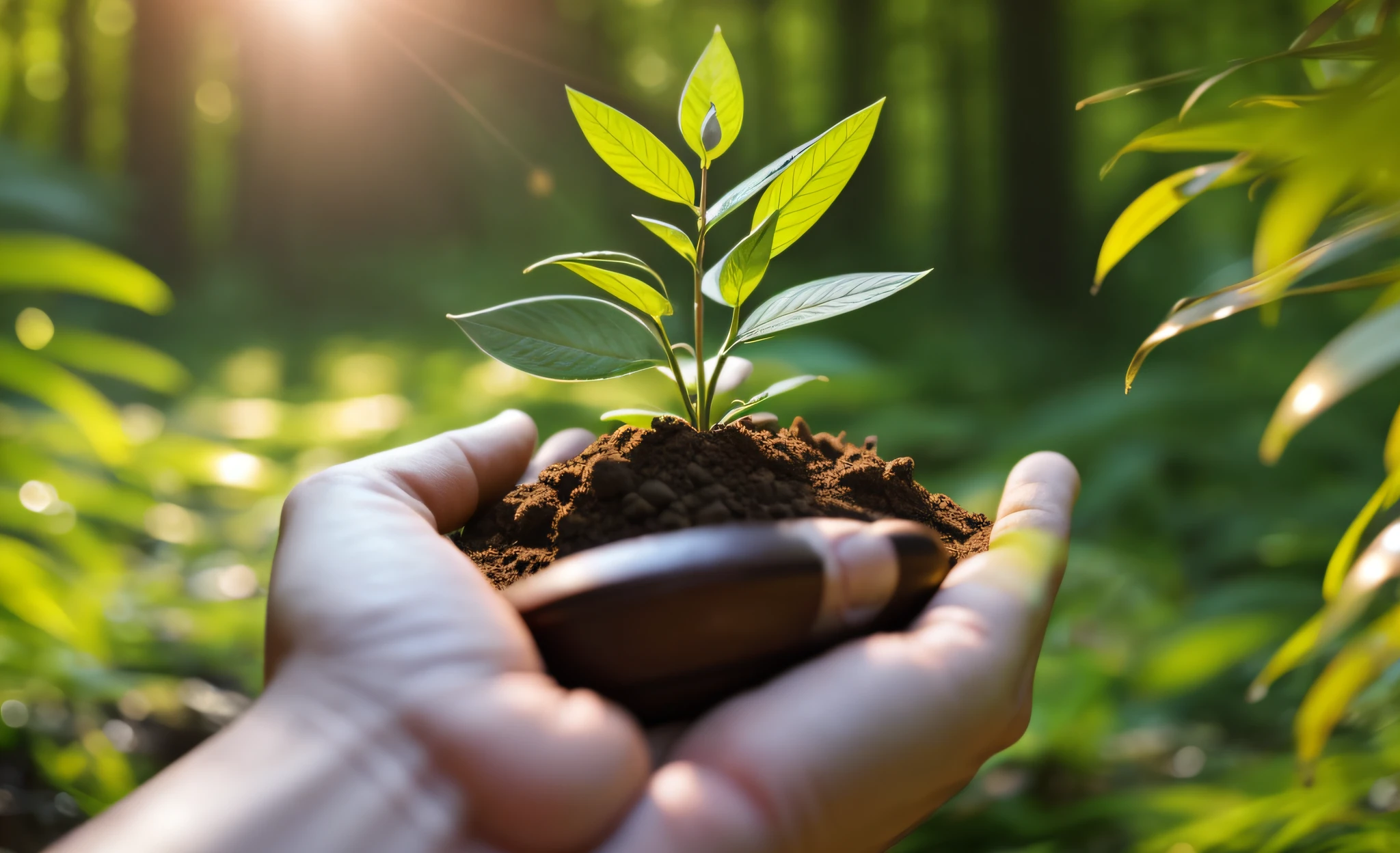 someone holding a small plant in their hands with the sun shining behind it, gardening, against dark background, shutterstock, green plant, stockphoto, holding miniature earth in hands, photo art, touching tree in a forest, small plants, women hand, fotografia, épaule devant pose, natural background, 4k 8k, 4 k 8 k, nature background