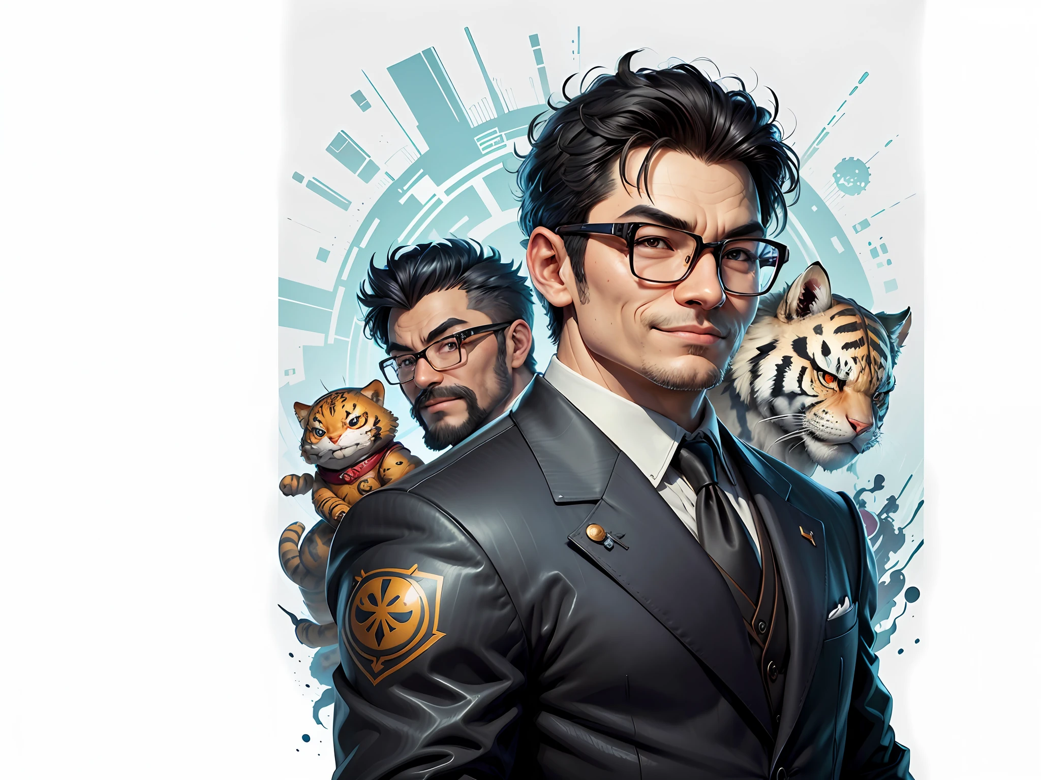 (Masterpiece), (Extreme Quality), (Super Meticulous), (Full Body: 1.2), Super Young Man, Chinese Dragon, Tiger, Wind God Thor, Sexy, Bursting, Oriental Face, TV Anchor, Bust Portrait Illustration, Black Formal Suit, Blue Tie, Slightly Chubby Face, Silver Glasses, Very Clean Face, No Beard on Chin, Black Super Short Hair, Black Eyes, Confident Smile, 3c Computer Sub-Products, iPad, iPhone, Digital Painting, 3D Character Design by Mark Claireden and Pixar and Hayao Miyazaki and Akira Toriyama, The illustration is a high-definition illustration in 4K resolution with very detailed facial features and cartoon-style visuals.