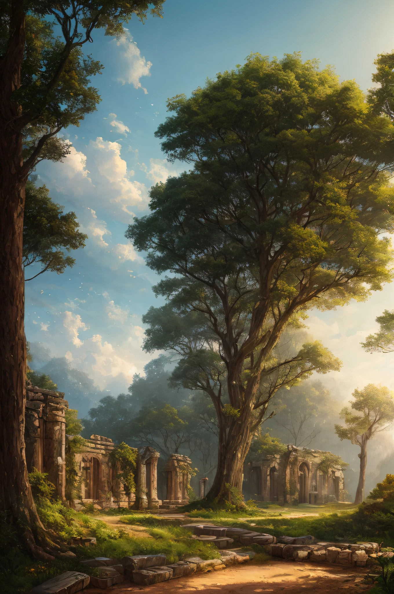 Masterpiece, best quality, high quality, extremely detailed CG unit 8k realistic, ruins of an ancient lost civilization, trees and landscapes are composed of picturesque scenery, panoramic view and soft light. artstation, digital illustration, complex, trend, pastel colors, oil painting, award-winning photography, bokeh, depth of field, HDR, bloom, chromatic aberration, realism, very detailed, artstation trend, CGsociety trend, complex, high detail, dramatic, midjourney art