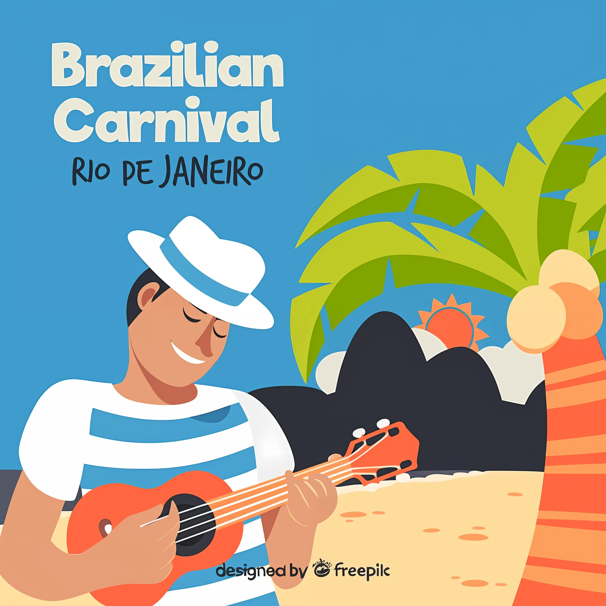 a man playing a guitar on the beach with palm trees, brazil carnival, rio de janeiro, carnival, 🌻🎹🎼, carnival background, carnival on the background, brazilian, carneval, carnaval de barranquilla, desenho, best on adobe stock, summer festival in background, 🚿🗝📝, caricatural, 8k))