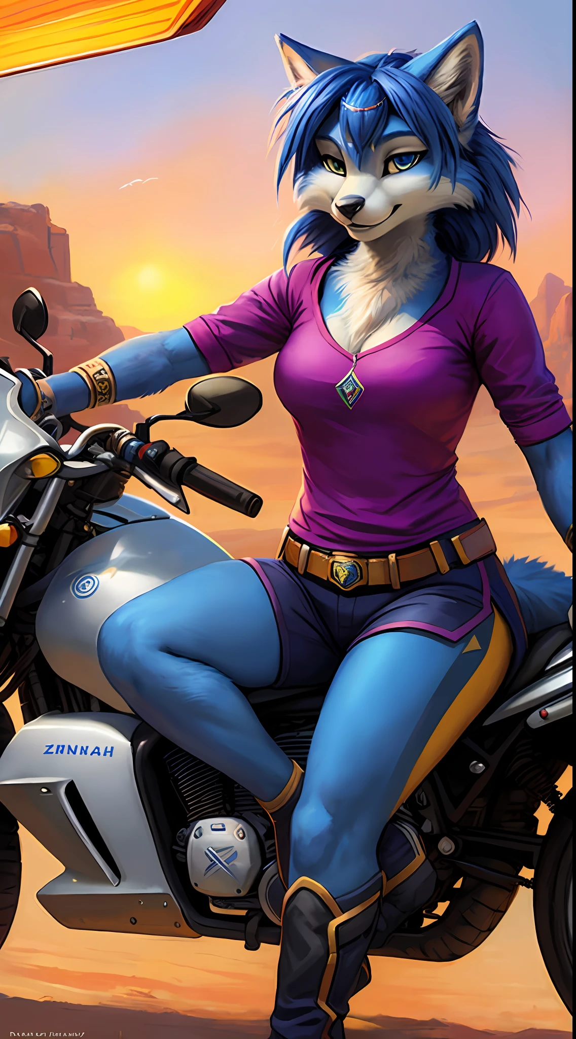 uploaded to e621, raw photo, realistic, anthro, detailed face, detailed fur, high resolution, beautiful and detailed portrait of Krystal, Krystal from Star Fox, kenket, Ross Tran,ruan jia, zaush, foxovh, cenematic lighting, small breast, whole body, beautiful, motorcycle outfit, confident smiling face, solo, 1girl, in the desert, parked on the side of a road, sitting on the motorcycle
