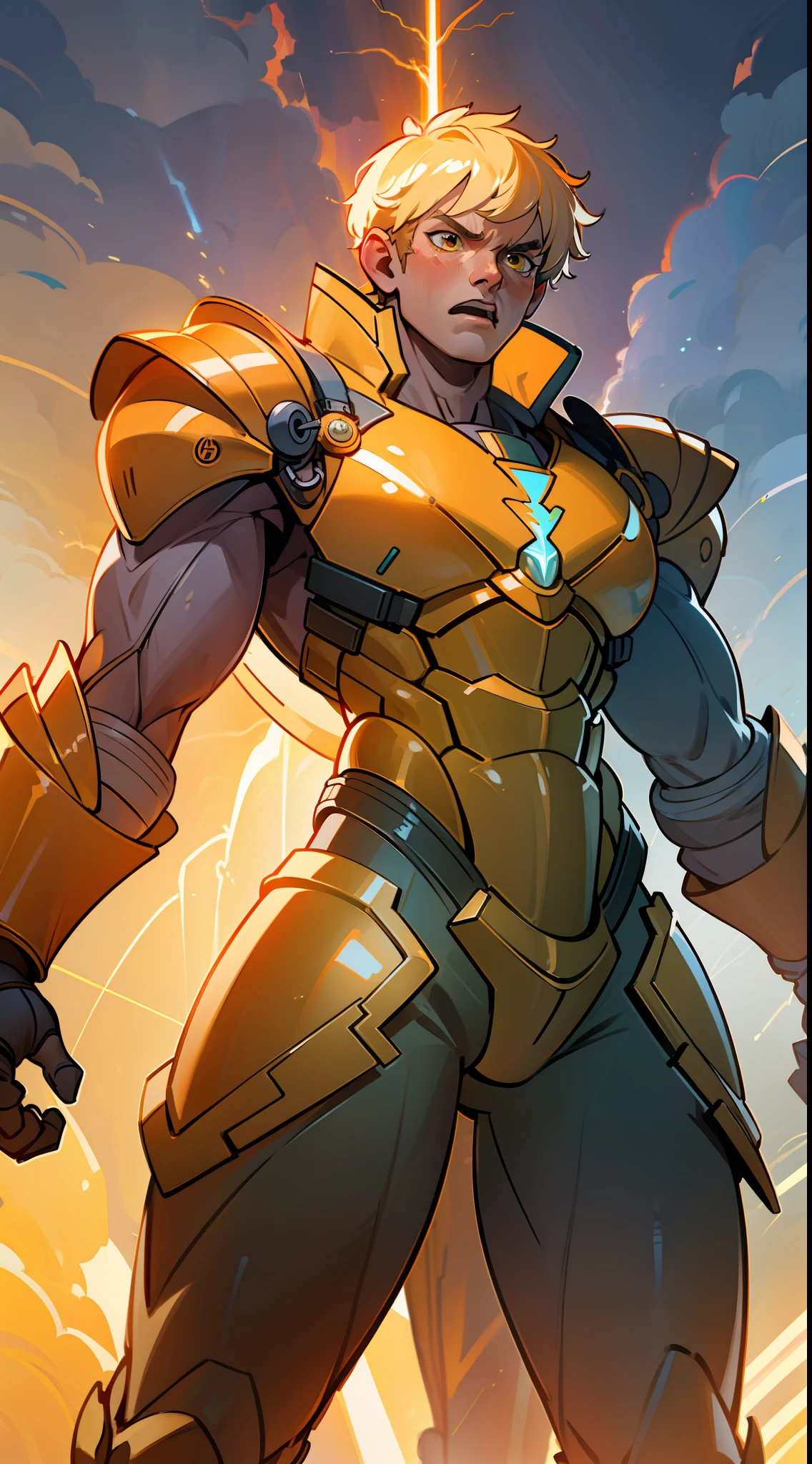 (extremely detailed CG unity 8k wallpaper, masterpiece, best quality, ultra-detailed), best lighting, best shadow (very strong, giant, muscular Zeus god wearing yellow and orange armor), fierce, wild expression, beautiful sky, lightning falling volumetric lighting.