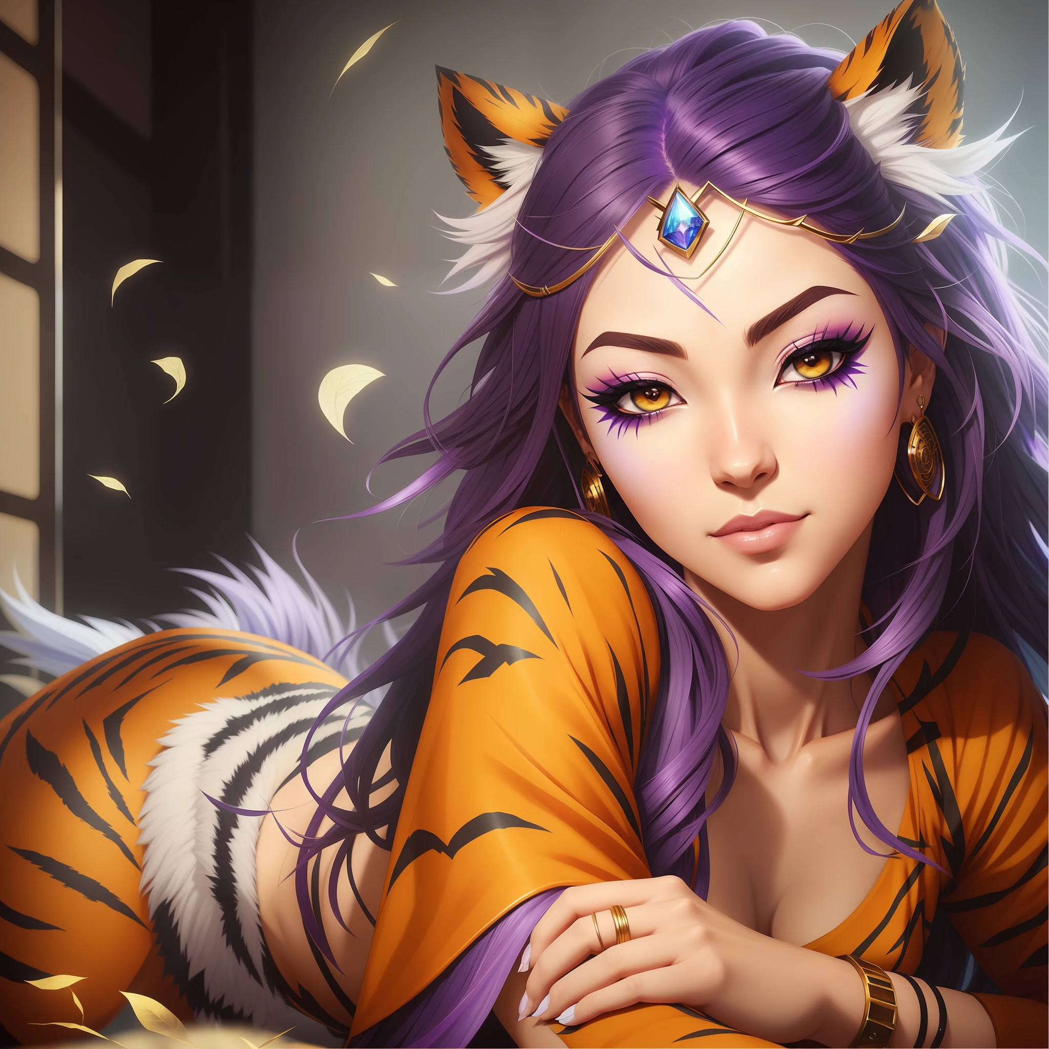 arafed woman with purple hair and a tiger costume, artgerm. anime illustration, artgerm on artstation pixiv, ig model | artgerm, epic fantasy art style hd, artgerm detailed, fantasy art style, style artgerm, artgerm portrait, ! dream artgerm, artgerm style