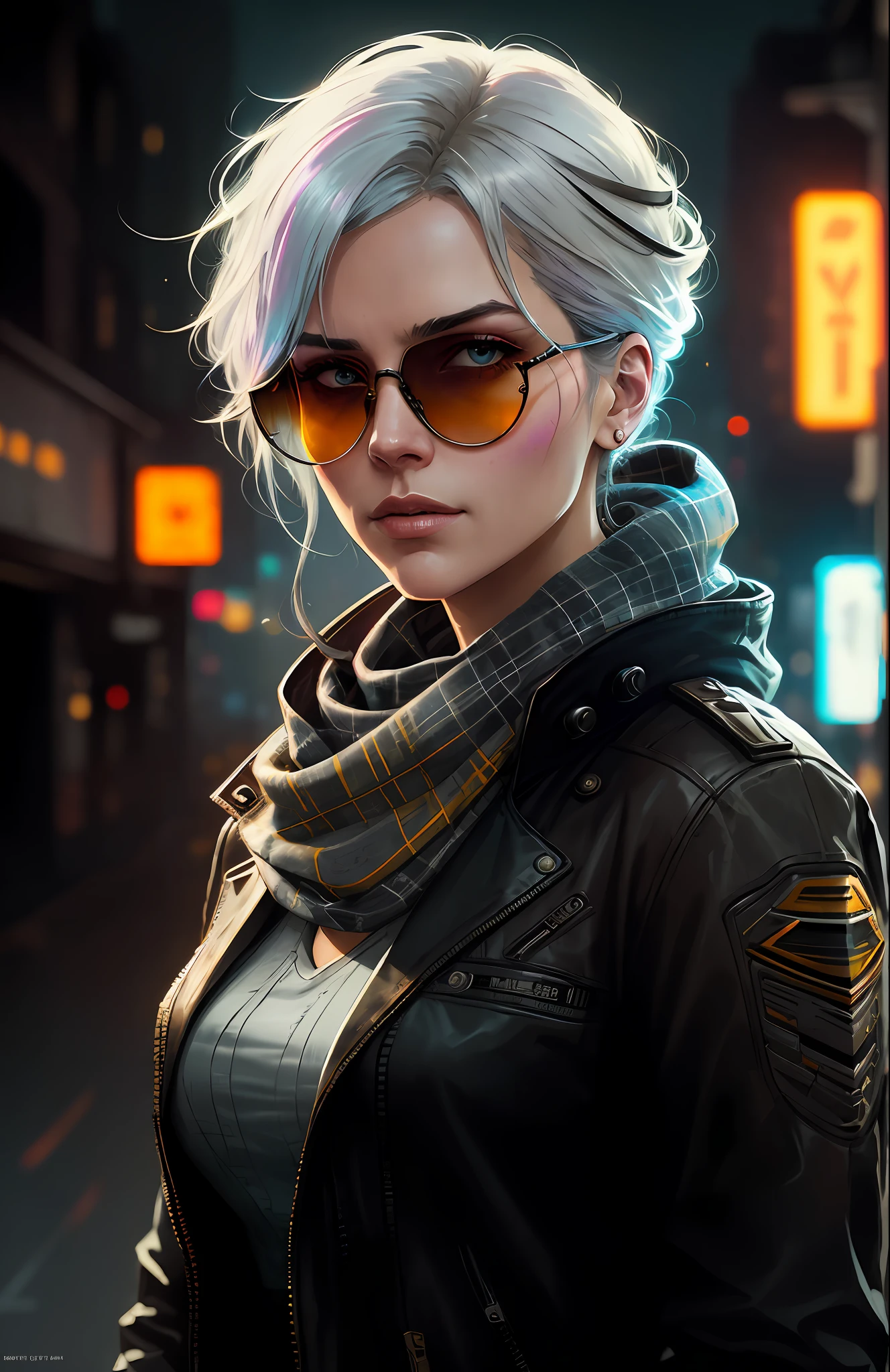 (dark shot:1.1), epic realistic, portrait of halo, sunglasses, blue eyes, tartan scarf, white hair by atey ghailan, by greg rutkowski, by greg tocchini, by james gilleard, by joe fenton, by kaethe butcher, gradient yellow, black, brown and magenta color scheme, grunge aesthetic!!! graffiti tag wall background, art by greg rutkowski and artgerm, soft cinematic light, adobe lightroom, photolab, hdr, intricate, highly detailed, (depth of field:1.4), faded, (neutral colors:1.2), (hdr:1.4), (muted colors:1.2), hyperdetailed, (artstation:1.4), cinematic, warm lights, dramatic light, (intricate details:1.1), complex background, (rutkowski:0.66), (teal and orange:0.4)