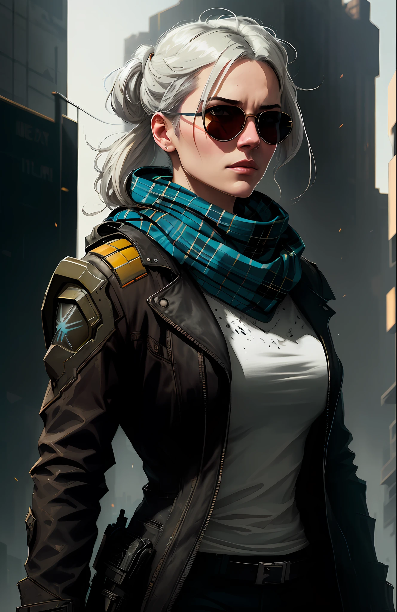 (dark shot:1.1), epic realistic, portrait of halo, sunglasses, blue eyes, tartan scarf, white hair by atey ghailan, by greg rutkowski, by greg tocchini, by james gilleard, by joe fenton, by kaethe butcher, gradient yellow, black, brown and magenta color scheme, grunge aesthetic!!! graffiti tag wall background, art by greg rutkowski and artgerm, soft cinematic light, adobe lightroom, photolab, hdr, intricate, highly detailed, (depth of field:1.4), faded, (neutral colors:1.2), (hdr:1.4), (muted colors:1.2), hyperdetailed, (artstation:1.4), cinematic, warm lights, dramatic light, (intricate details:1.1), complex background, (rutkowski:0.66), (teal and orange:0.4)