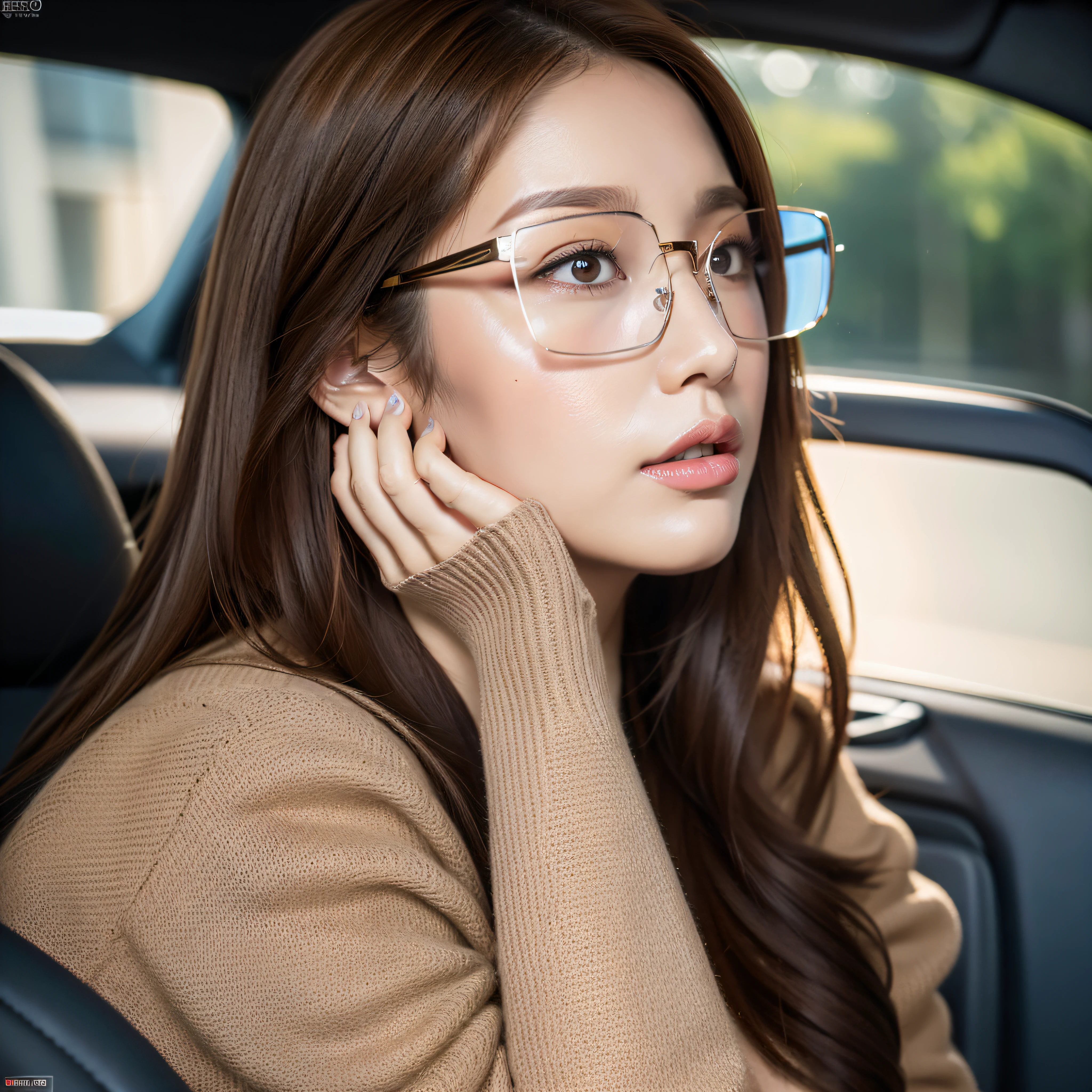 8K, RAW photo, high quality, realistic, professional lighting, face lighting, full body, 32 years old woman, brown hair, brown eyes, small head, perfect boob shape, beautiful eyes, real face, real skin, textured skin, erotic, pantyhose, inside the car, tease, square glasses