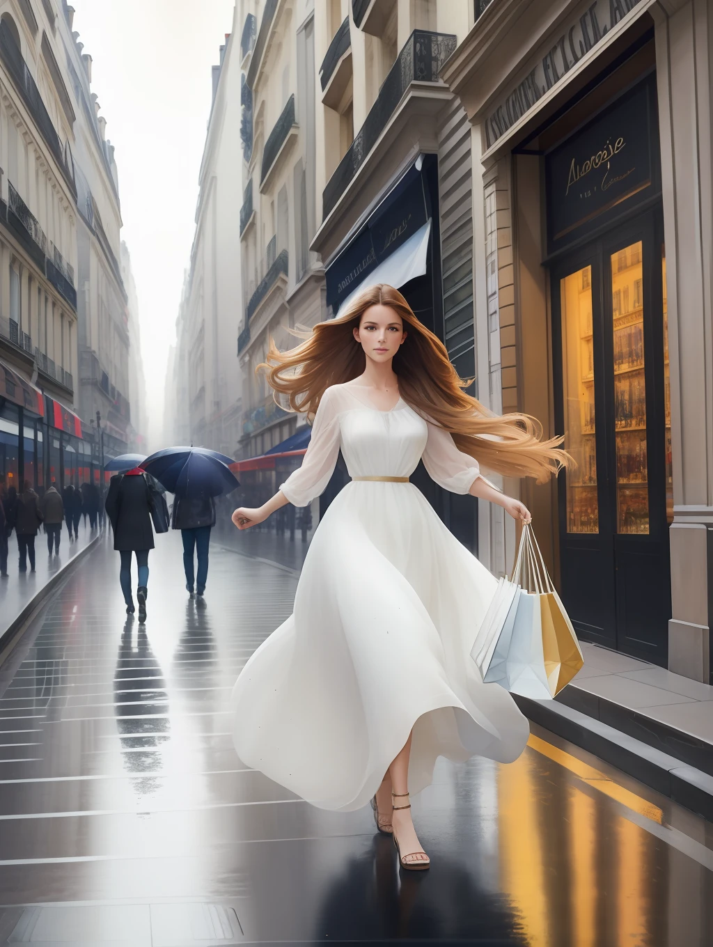 A stunningly beautiful young woman walking down through a Parisian Avenue, streets of Paris, lots of shopping bags, spring dress, windy hair, portrait by Terry Moore, Greg Rutkowski, Alphonse Mucha, low angle shot, watercolor, wet on wet and splattering techniques, centered, perfect composition, abstraction, surrealism, dynamic action poses