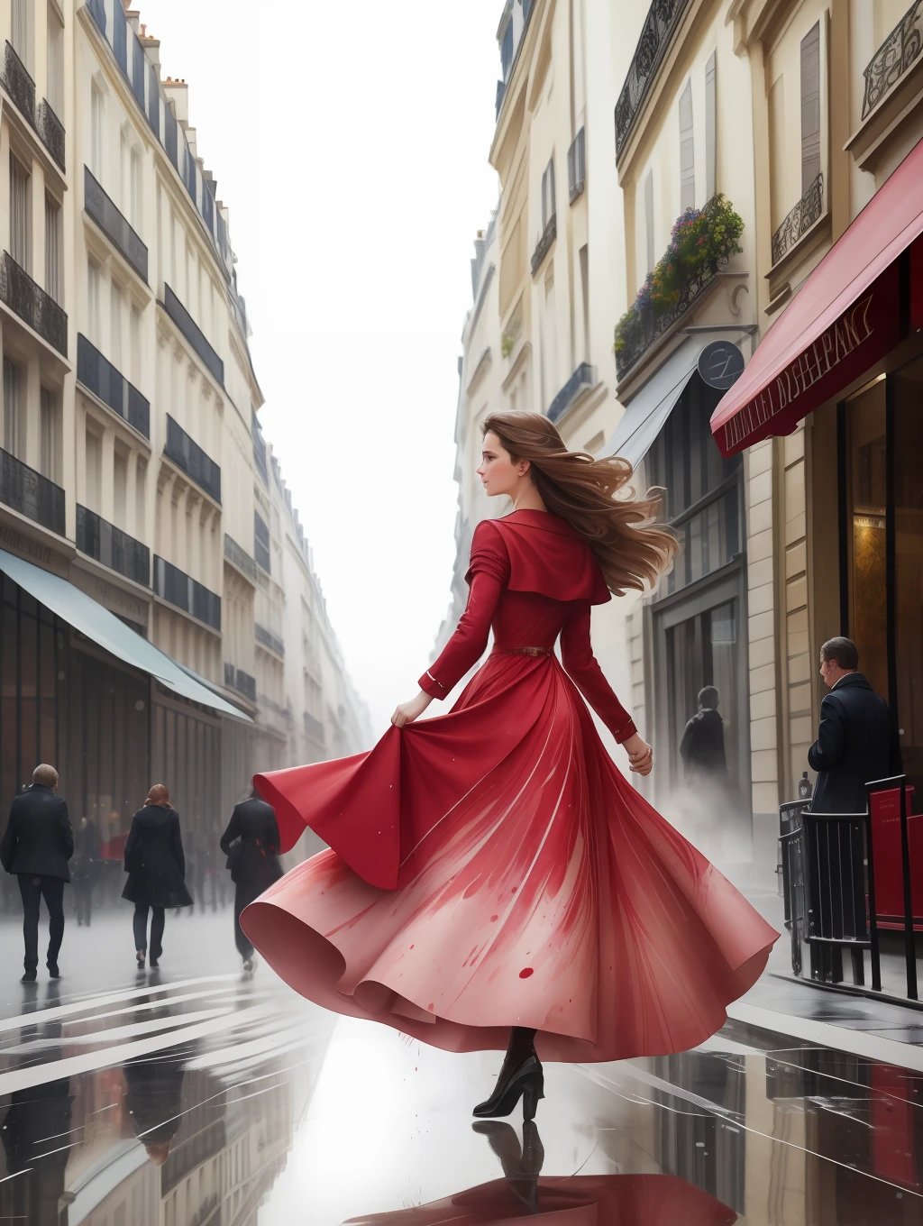 A stunningly beautiful young woman walking down through a Parisian Avenue, streets of Paris, lots of shopping bags, spring dress, windy hair, portrait by Terry Moore, Greg Rutkowski, Alphonse Mucha, low angle shot, watercolor, wet on wet and splattering techniques, centered, perfect composition, abstraction, surrealism, dynamic action poses