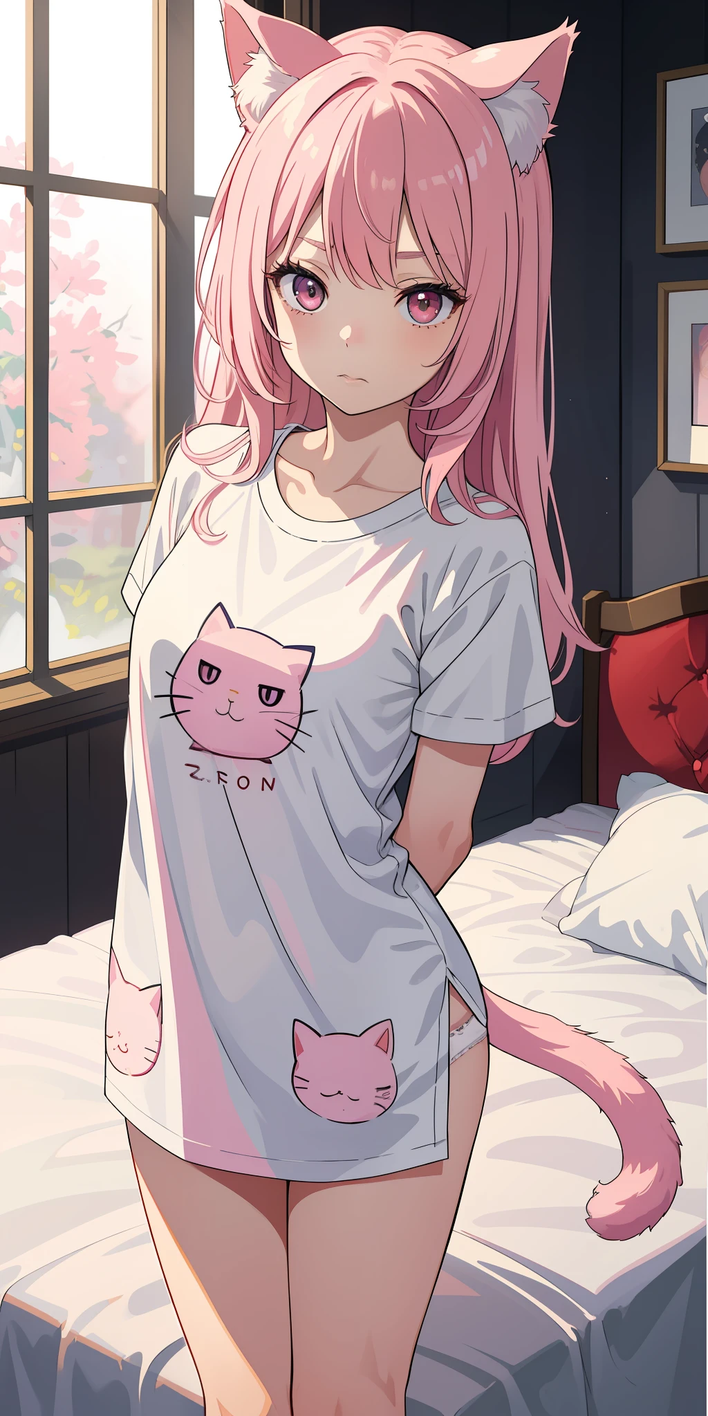 masterpiece, top quality, super detail, wallpaper, break, 15 years old, cat ears, pink hair, big eyes, long eyes of eyelashes, mouth closed, break, white t-shirt, cat print picture, white panties, tail, break, cat pose, arms behind back, break, background, plush bed, break,