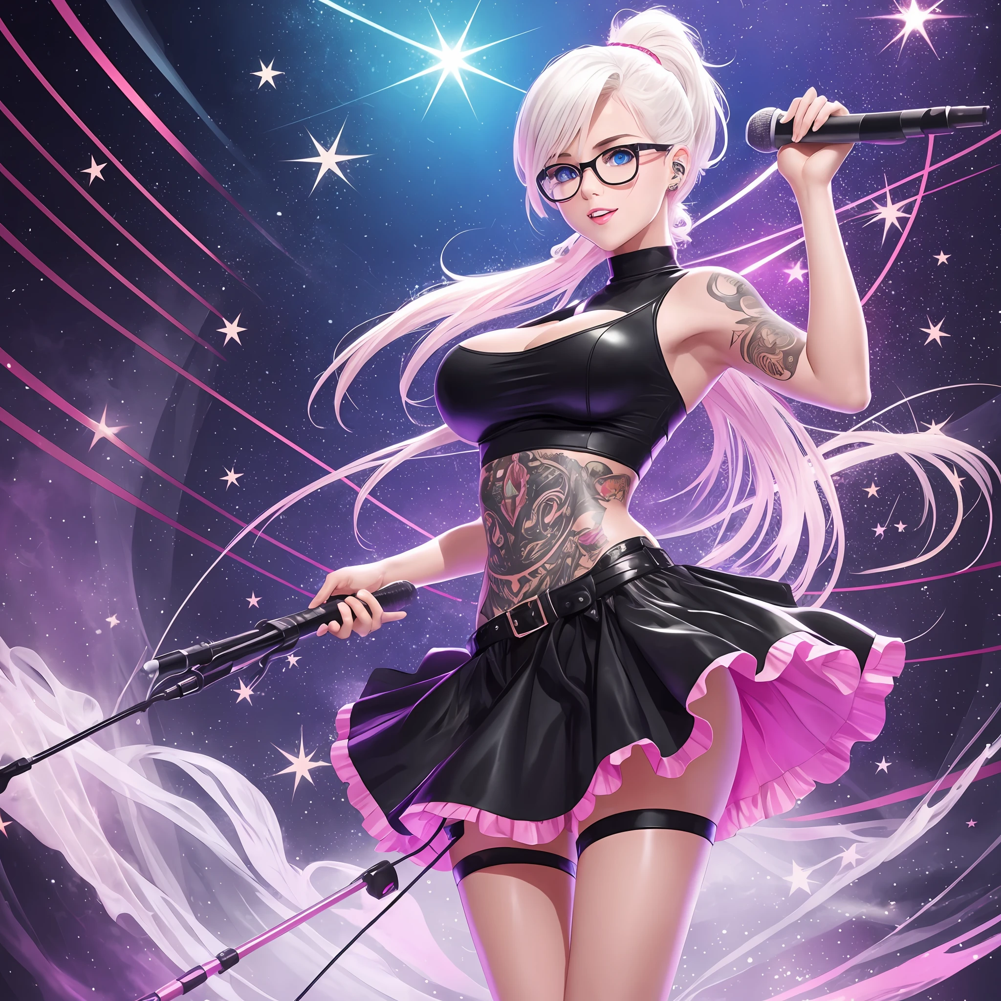 very high image quality, high quality, masterpiece, exquisite, 16k, anime illustrations, great proportions, white glossy short hair with splashes in places, messy hair, half-up knitting ponytail hair style, intelligent beauty, black glasses, sparkling blue big eyes, glossy pink lips, laugh like a prankster, happy, shy, huge breasts, slender, full body, tattoos, singing a song, playing the star shaped electric guitar, microphone, live stage
