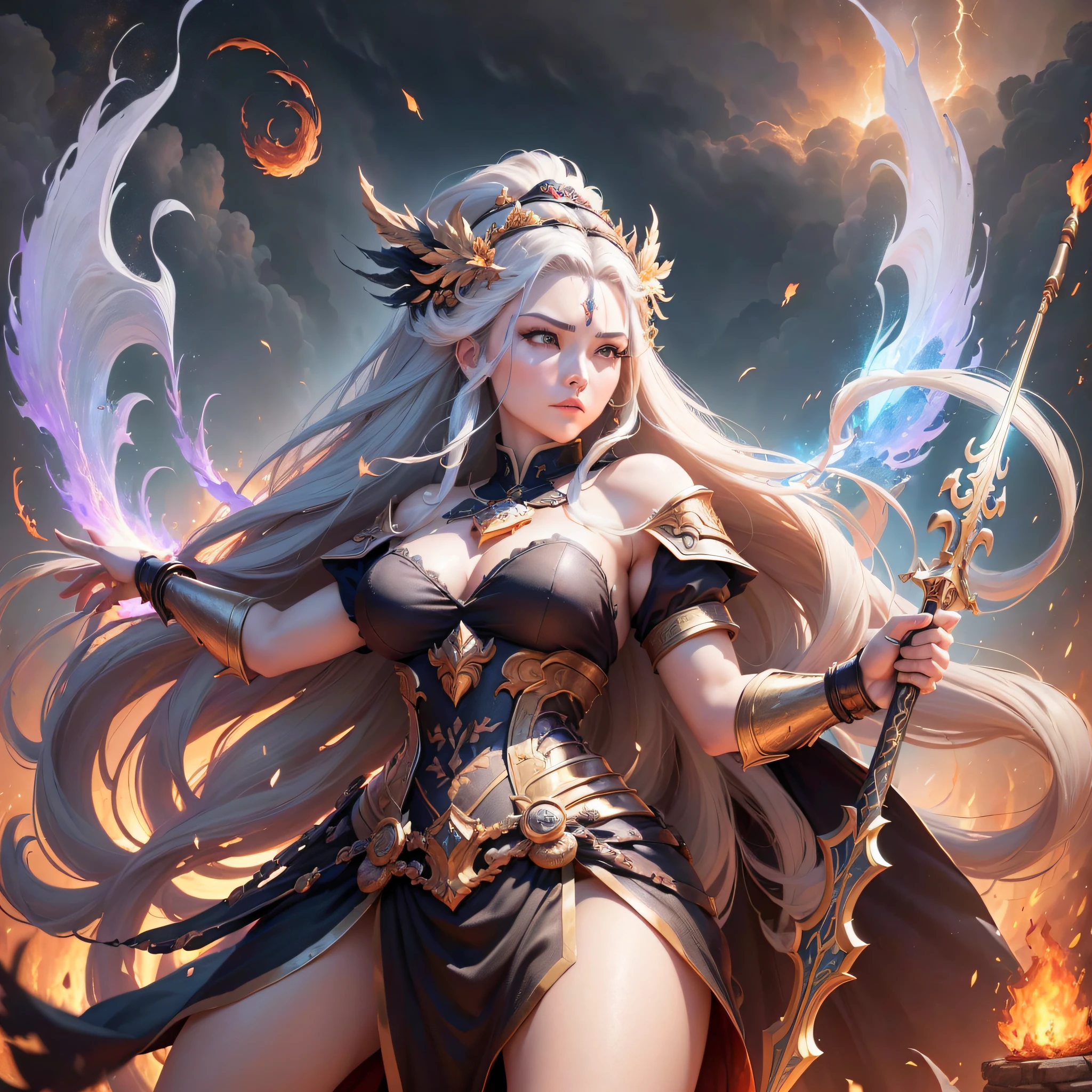 ((High detail + unified 8k wallpaper) + (Beautiful & beautiful) + (Goddess of War: 1.2, Fire: 1.1, Storm: 1.1, Ancient Battlefield: 1.1, Legend: 0.9, Martial Dao: 1.1)) + (Soft and Highlight + Low Depth: 1.2)