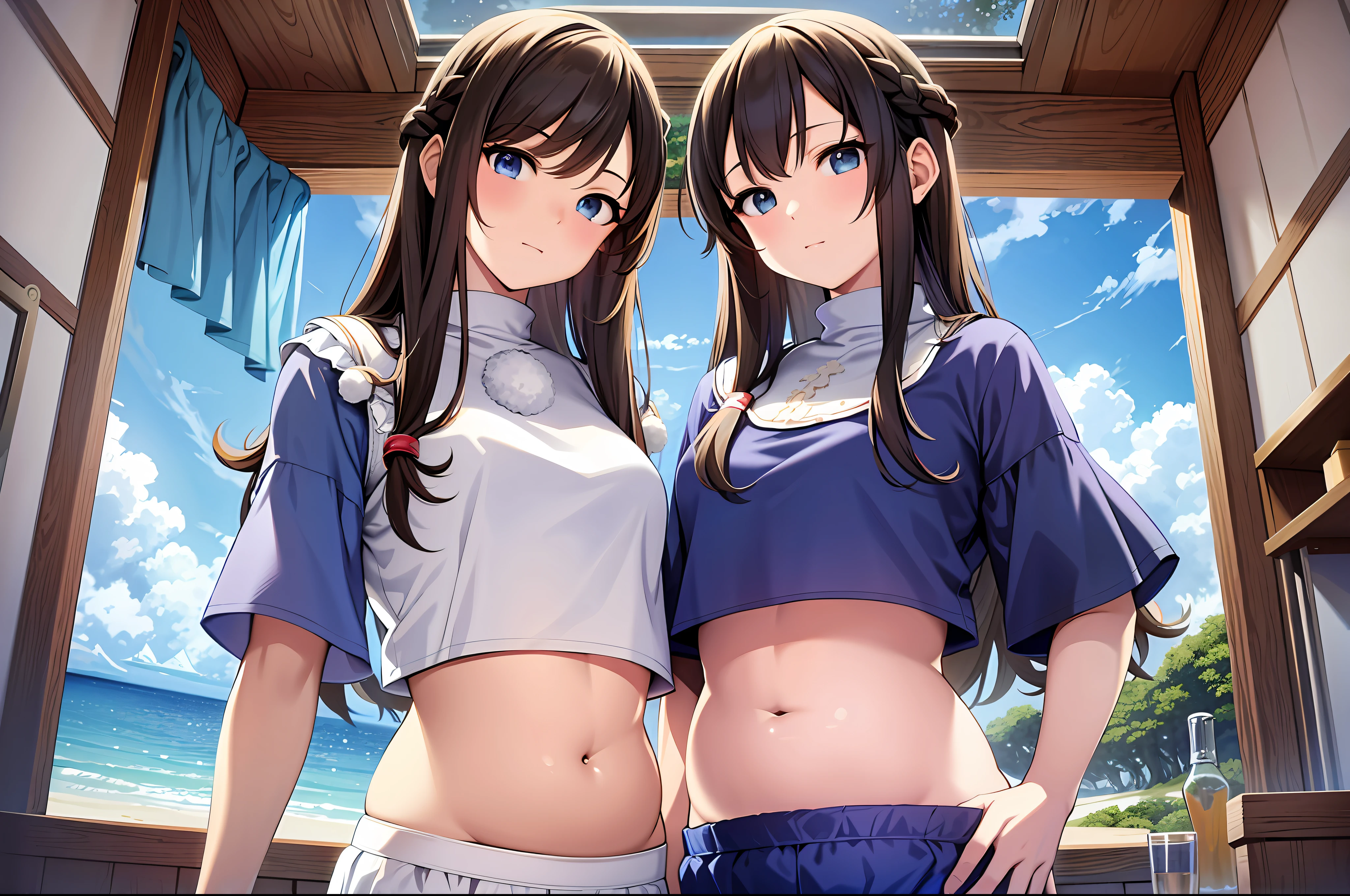masterpiece, Anime illustration, (High Resolution:1.4), extremely detailed and beautiful anime girl & anime face, (adult girl, Tall girl:1.5), 2persons, (Twins, siblings:2.0), stand side by side, huddle together, cowboy shot, looking at viewer, (posing:1.5), brown hair, dark hair, upper arm, (white shirts:1.4), denim shorts, (deep hole navel:1.5), (Puffy belly, flabby stomach:1.7), blue sky, seaside
