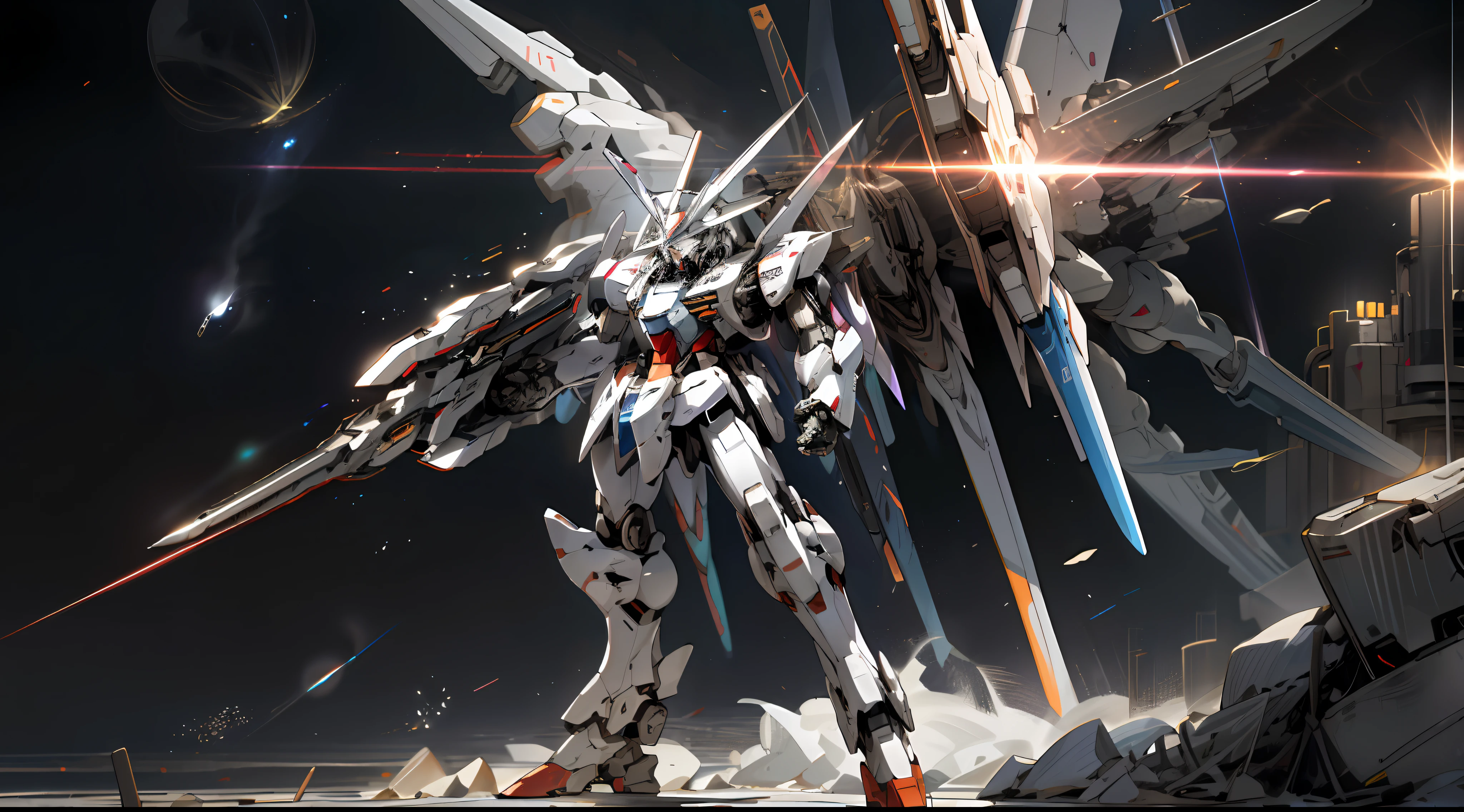 Surrealism, ray tracing, UHD, high details, 8k, best quality, textured skin, (1 Gundam mech), mecha dragon, masterpiece, best quality, mecha, unmanned, (full body), (white mech: 1.5), (axisymmetry: 1.4), (HDR), (movie light: 1.1), white eyes, cool, science fiction, fire, laser cannon beam, war, conflict, Space looking down on the background of the earth with weapons in hand, (holding huge weapons: 1.5), holding oversized shields, mecha men, vector