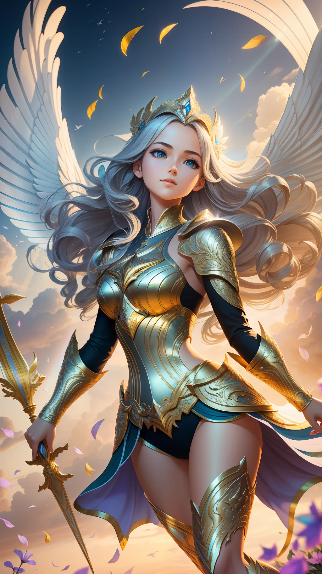 award winning concept art of flying tall (1girl:1.2) in platinum shiny ornate armor, epic, god rays, centered, (masterpiece:1.2), (best quality:1.2), Amazing, highly detailed, beautiful, finely detail, warm soft color grading, Depth of field, extremely detailed 8k, fine art, stunning, iridescent, shiny, light reflections, crisp, curls, wind, flying leaves, dynamic pose, hyper realism, vibrant, sunlit, edge detection