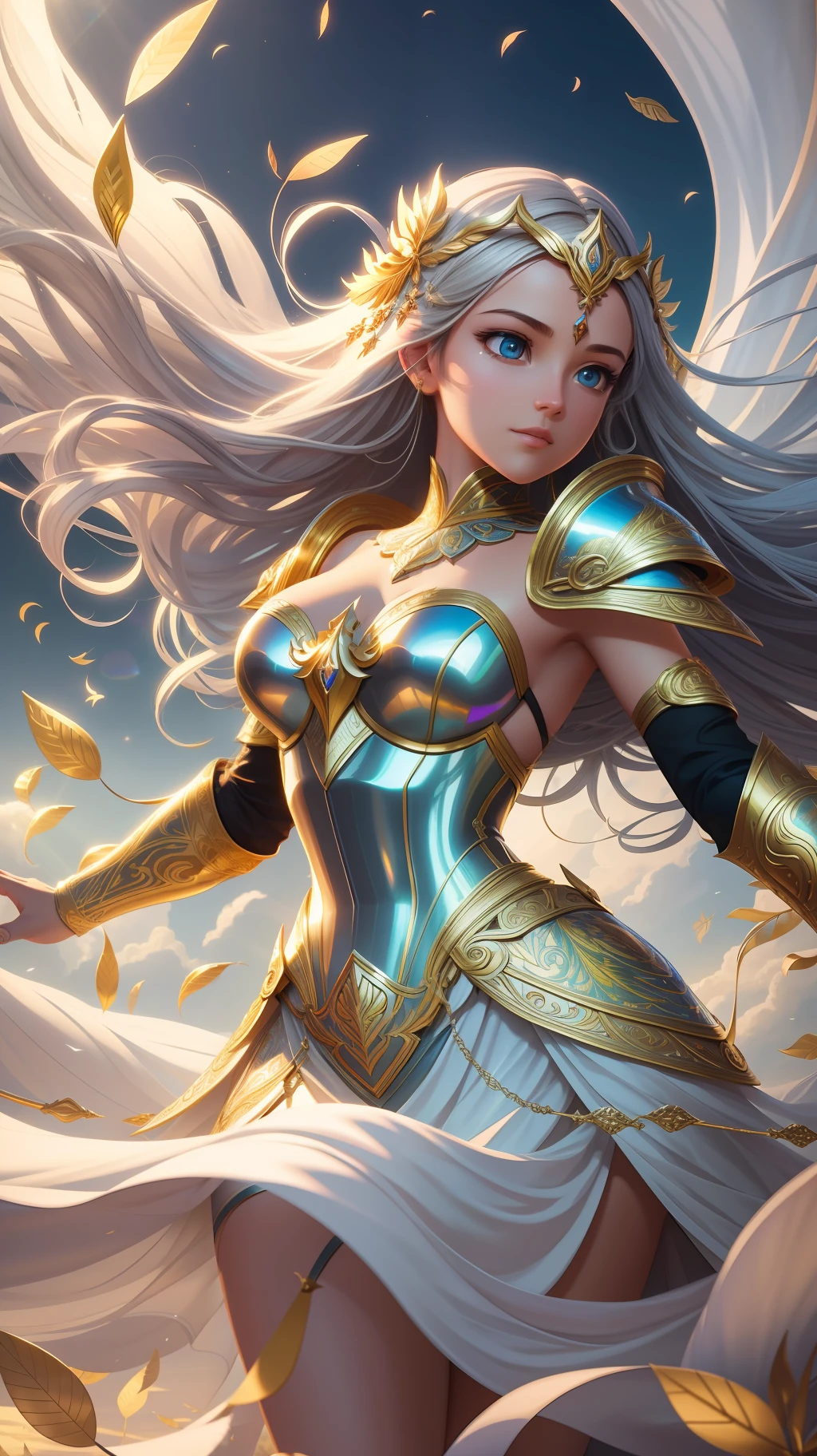 award winning concept art of flying tall (1girl:1.2) in platinum shiny ornate armor, epic, god rays, centered, (masterpiece:1.2), (best quality:1.2), Amazing, highly detailed, beautiful, finely detail, warm soft color grading, Depth of field, extremely detailed 8k, fine art, stunning, iridescent, shiny, light reflections, crisp, curls, wind, flying leaves, dynamic pose, hyper realism, vibrant, sunlit, edge detection