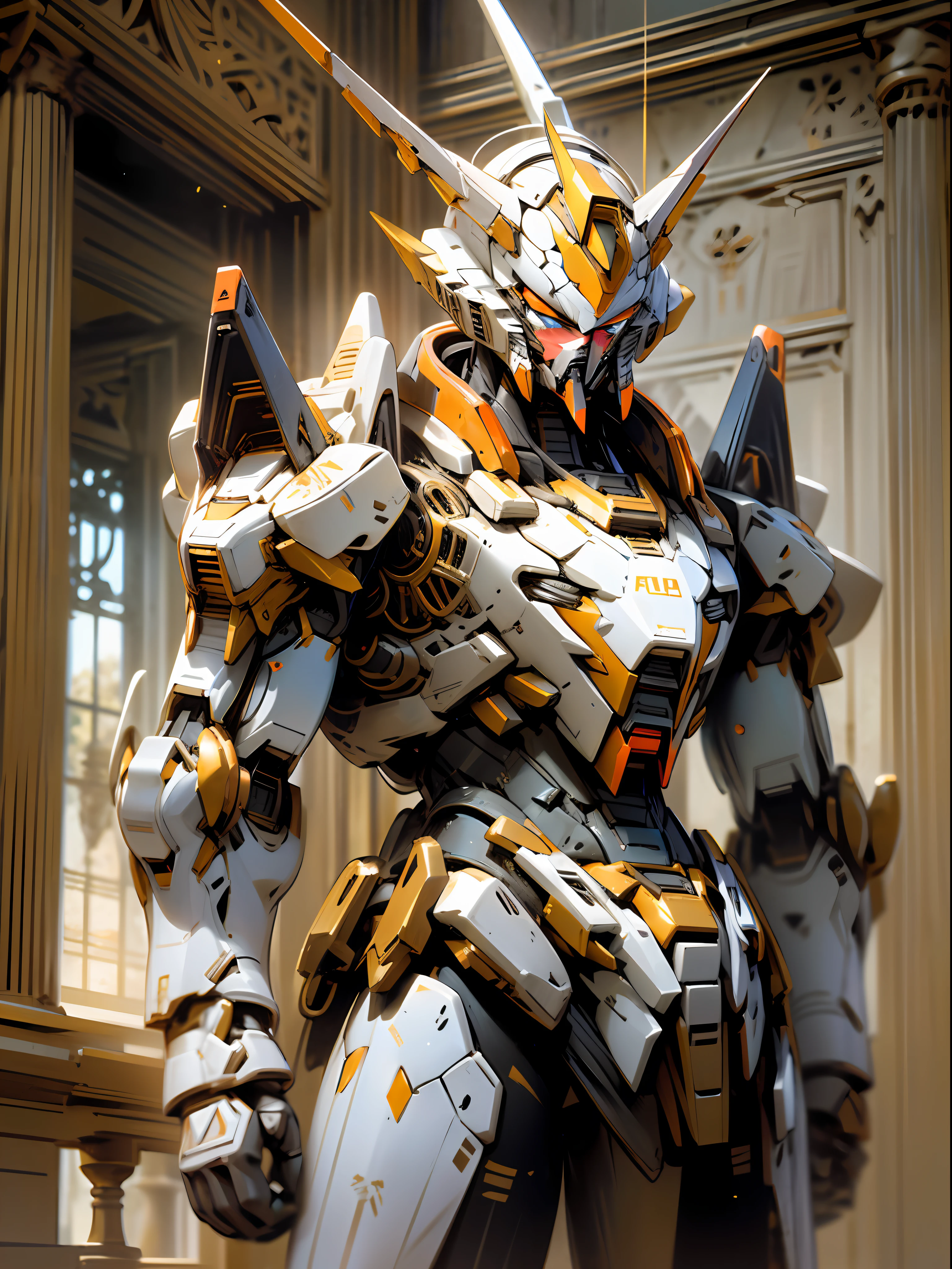 Portrait shot of (Gundam Barbatos in black and orange color), Egypt ancient city, (ancient Egyptian architectural) aesthetic, robot mecha, sophisticated ancient Egypt style filigree inlays, ancient elements, (facing the camera), (cowboy shot), rendered in ultra-detailed 8k resolution using Unreal Engine, hyper realistic, intricate, masterpiece, Photorealistic, ultra detail, cyberpunk, vibrant color, [white], dark vibes, volumetric light, dramatic background.