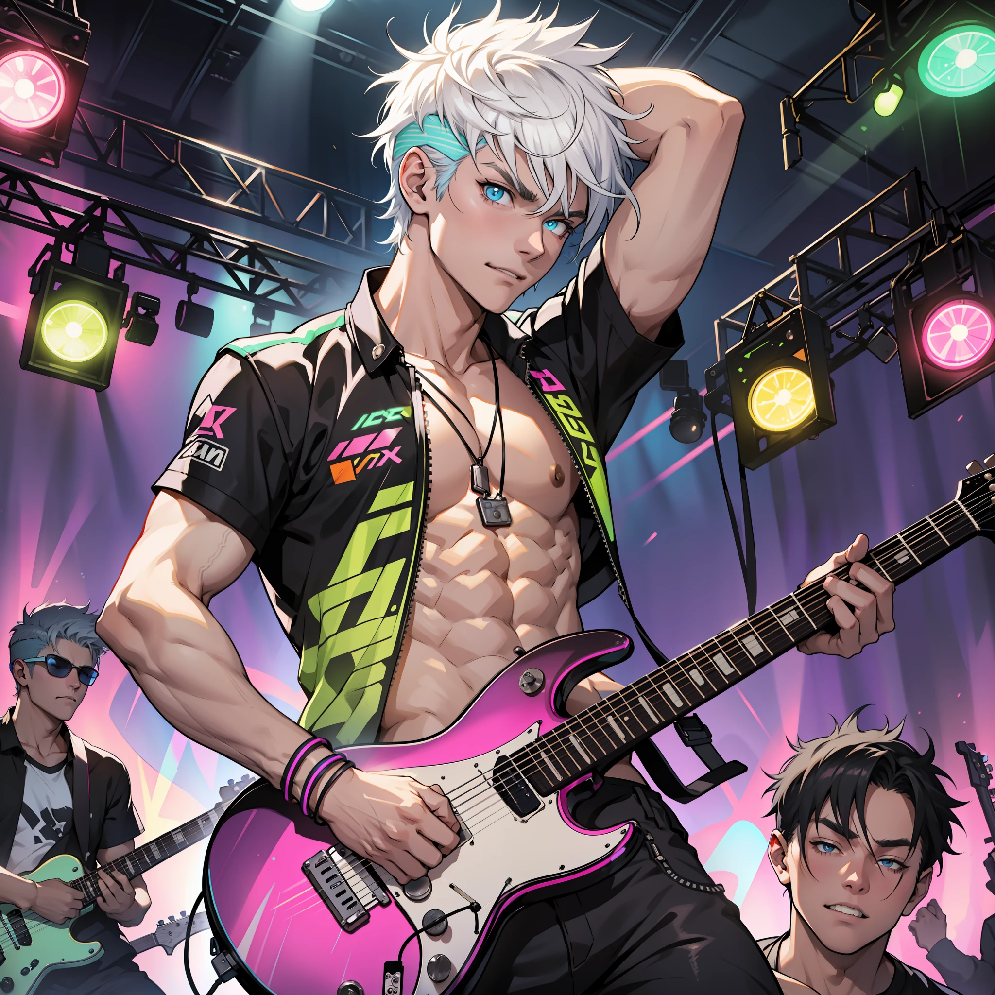 At the concert, a rock boy was playing an electric guitar, surrounded by neon lights, short white hair, confident and crazy look, the audience cheered, glow sticks danced, the lead singer of the band, showing abs, arm muscles
