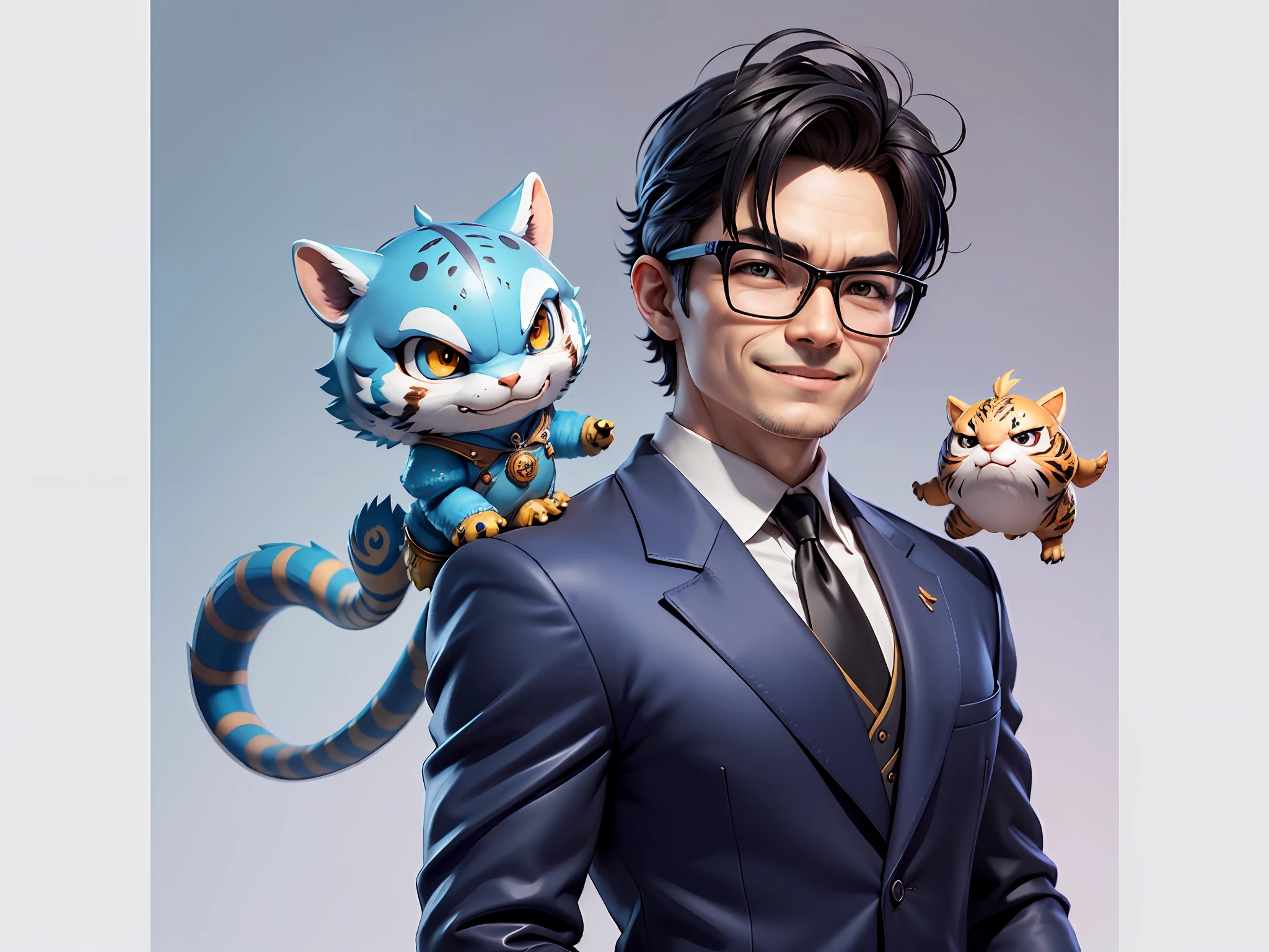 (Masterpiece), (Extreme Quality), (Super Meticulous), (Full Body: 1.2), Super Young Man, Chinese Dragon, Tiger, Wind God Thor, Sexy, Bursting, Oriental Face, TV Anchor, Bust Portrait Illustration, Black Formal Suit, Blue Tie, Slightly Chubby Face, Silver Glasses, Very Clean Face, No Beard on Chin, Black Super Short Hair, Black Eyes, Confident Smile, 3c Computer Sub-Products, iPad, iPhone, Digital Painting, 3D Character Design by Mark Claireden and Pixar and Hayao Miyazaki and Akira Toriyama, The illustration is a high-definition illustration in 4K resolution with very detailed facial features and cartoon-style visuals.