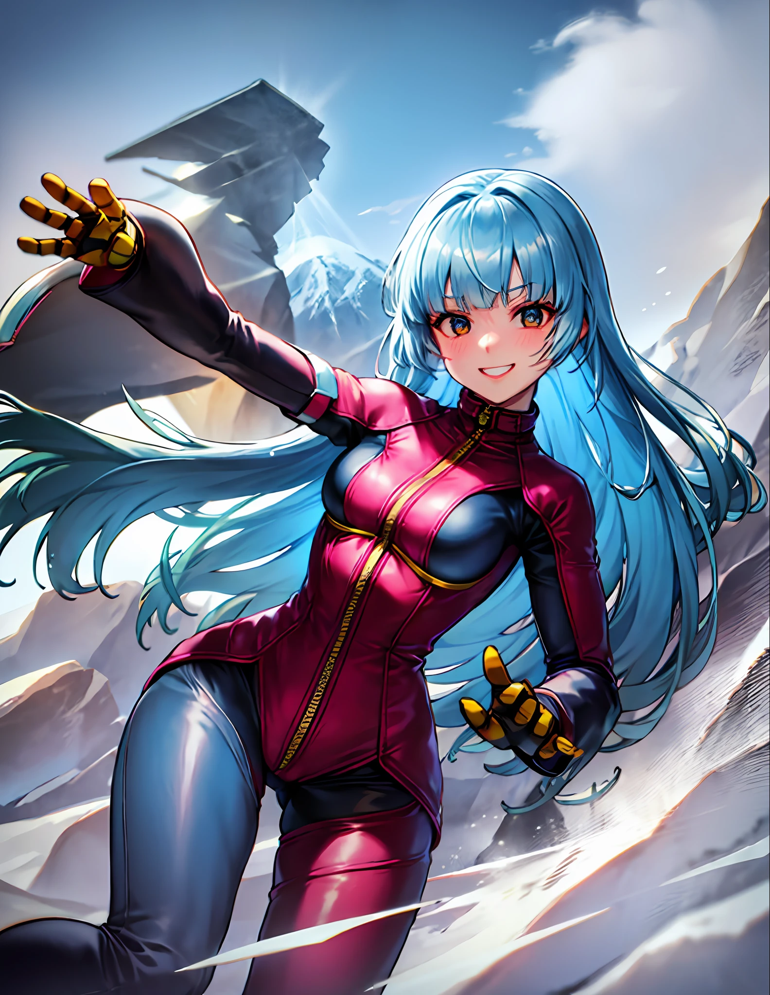 KulaMS, bodysuit, gloves, zipper, blush, grin, cryogenesis, ice, mountains, mountainous horizon, snowing, winter, snowflakes, cold, blizzard