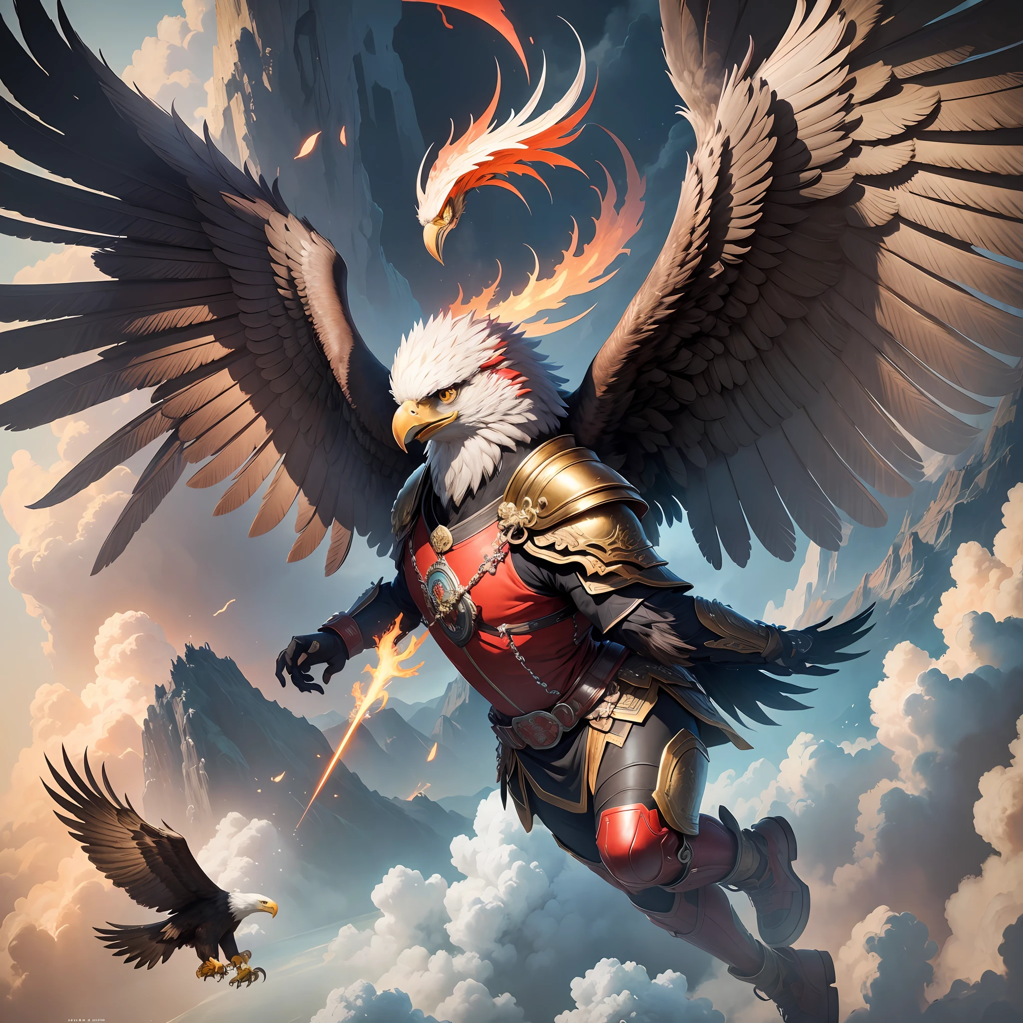 Eagle, (high resolution: 1.4), official art, unified 8k wallpaper, super detailed, beauty and aesthetics, masterpiece, best quality, reality, (fractal art), epic scene, high resolution, (masterpiece), (best quality), from above pov, Dapeng, ([gold: red]: 0.4) Mao, ([heavy armor: red cape]: 0.4), (one-handed hammer: 1.2), ([Dapeng|Dapeng]) stamped ready to fly to the top of ancient Chinese temples to prepare for battle, tall ancient Chinese temples, Night, night sky, (cracked ground: 1.2), down-to-earth, eagles walking on the ground, snow and clouds on the horizon, flying, --auto --s2