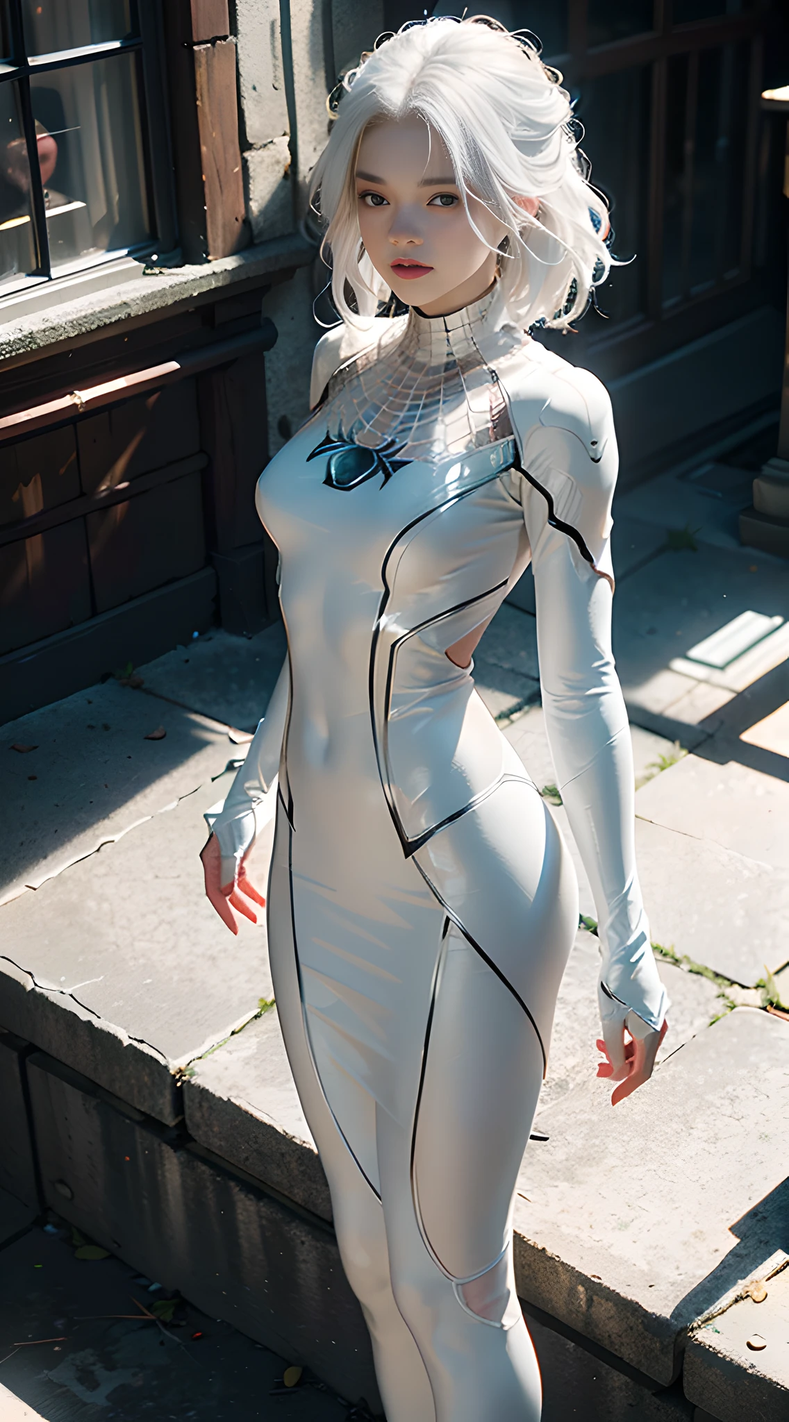 (Extreme Detail CG Unity 8K wallpaper, masterpiece, highest quality), (exquisite light and shadow, highly dramatic picture, Cinematic lens effect), a girl in a white Spider-Man costume, white hair color, from the Spider-Man parallel universe, on the roof, standing, wallpaper,