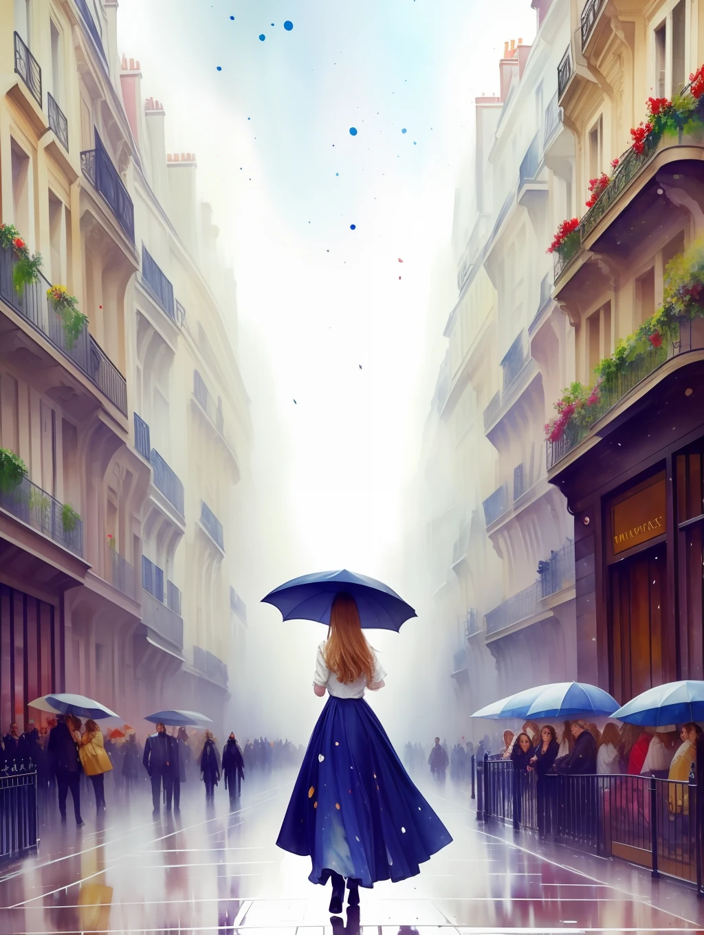 A stunningly beautiful young woman walking down through a Parisian Avenue, streets of Paris, lots of shopping bags, spring dress, windy hair, portrait by Terry Moore, Greg Rutkowski, Alphonse Mucha, low angle shot, watercolor, wet on wet and splattering techniques, centered, perfect composition, abstraction, surrealism, dynamic action poses