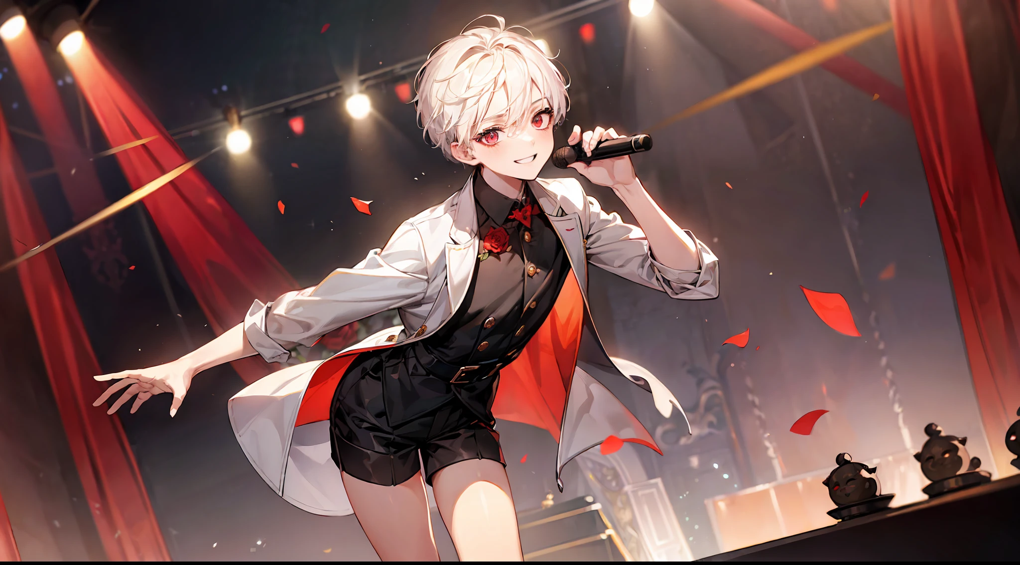 ((masterpiece)),(((best quality))), (high-quality, breathtaking),(expressive eyes, perfect face), short, young boy, short white hair, red eyes, smiling, black idol outfit, wear short shorts, shine, glow, red roses, on stage, singing