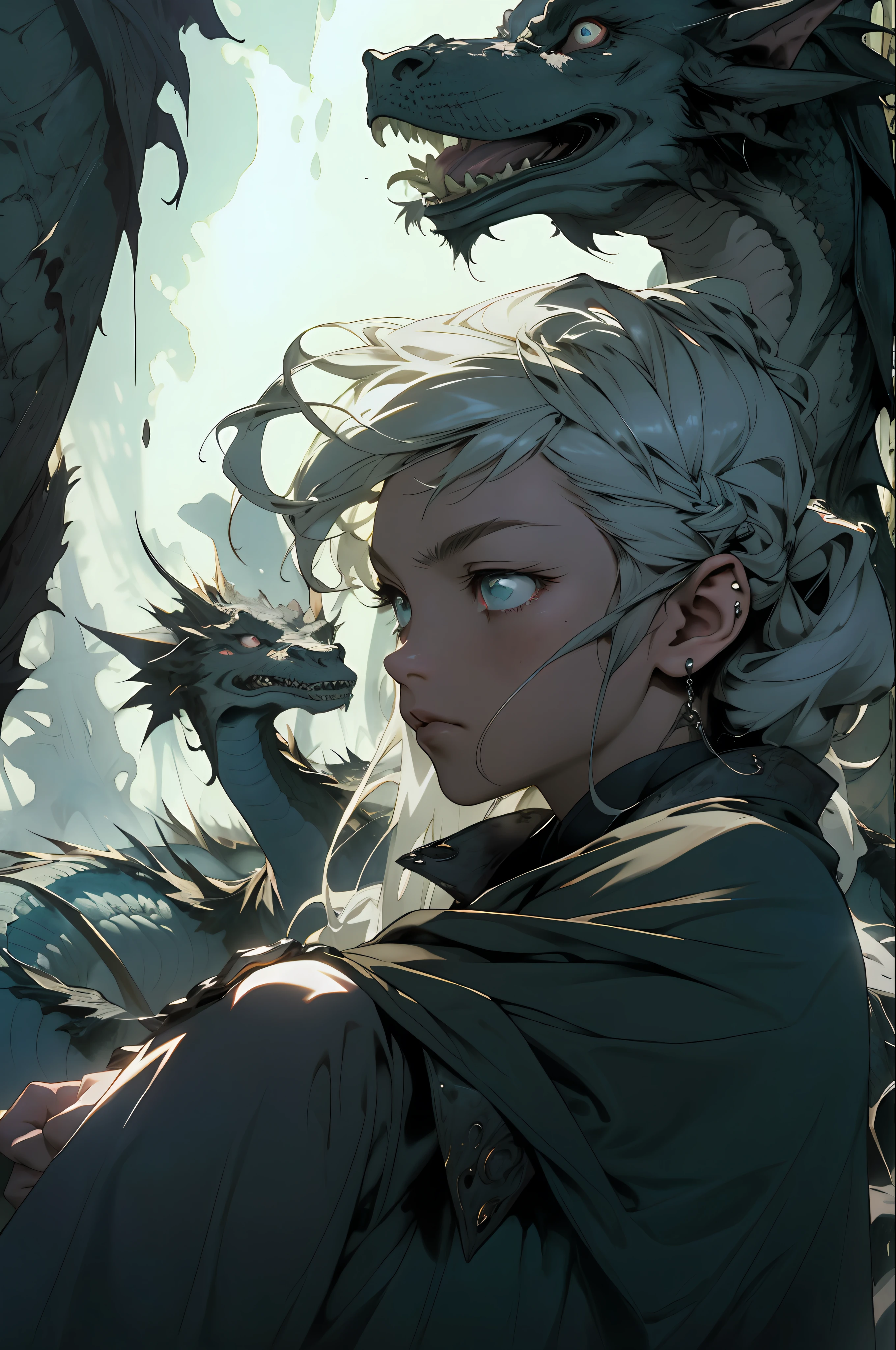 absurd, highres, ultra detailed, moody lighting, quiet, calm, brightness, masterpiece, best quality, 1girl, dark fantasy movie of the 90s yet, menacing dragon next door