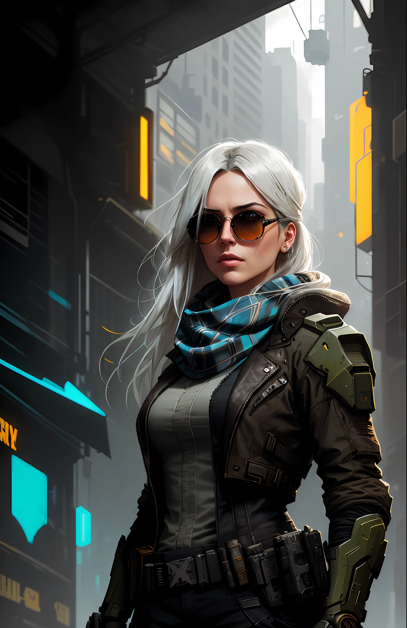 (dark shot:1.1), epic realistic, portrait of halo, sunglasses, blue eyes, tartan scarf, white hair by atey ghailan, by greg rutkowski, by greg tocchini, by james gilleard, by joe fenton, by kaethe butcher, gradient yellow, black, brown and magenta color scheme, grunge aesthetic!!! graffiti tag wall background, art by greg rutkowski and artgerm, soft cinematic light, adobe lightroom, photolab, hdr, intricate, highly detailed, (depth of field:1.4), faded, (neutral colors:1.2), (hdr:1.4), (muted colors:1.2), hyperdetailed, (artstation:1.4), cinematic, warm lights, dramatic light, (intricate details:1.1), complex background, (rutkowski:0.66), (teal and orange:0.4)