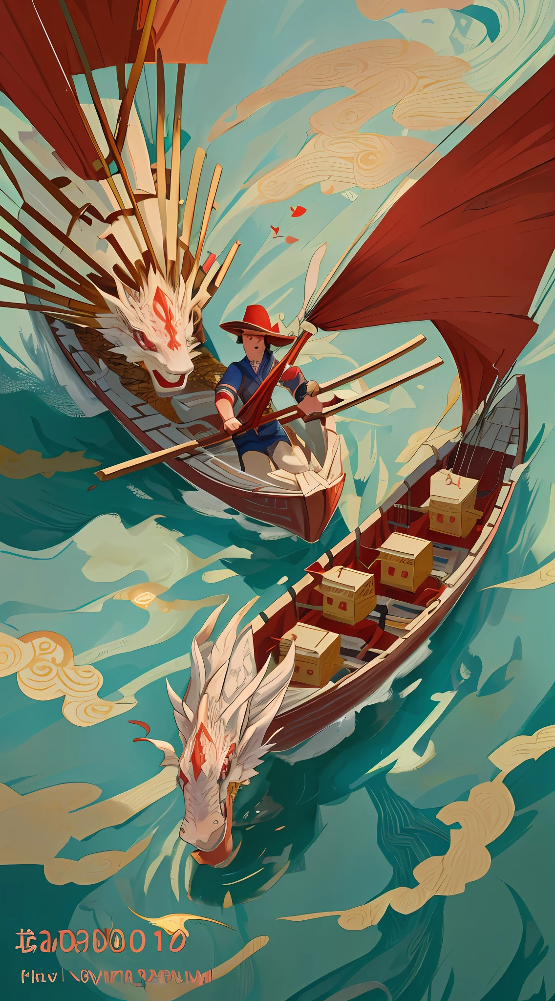 Chinese traditional festival dragon boat festival poster, people rowing, dragon boat, dragon head hull, race, river, festival, (illustration: 1.0), (masterpiece, top quality, best quality, official art, beauty and aesthetics: 1.2), epic composition, realistic lighting, HD details, masterpiece, best quality, (very detailed CG unified 8k wallpaper), (best quality)