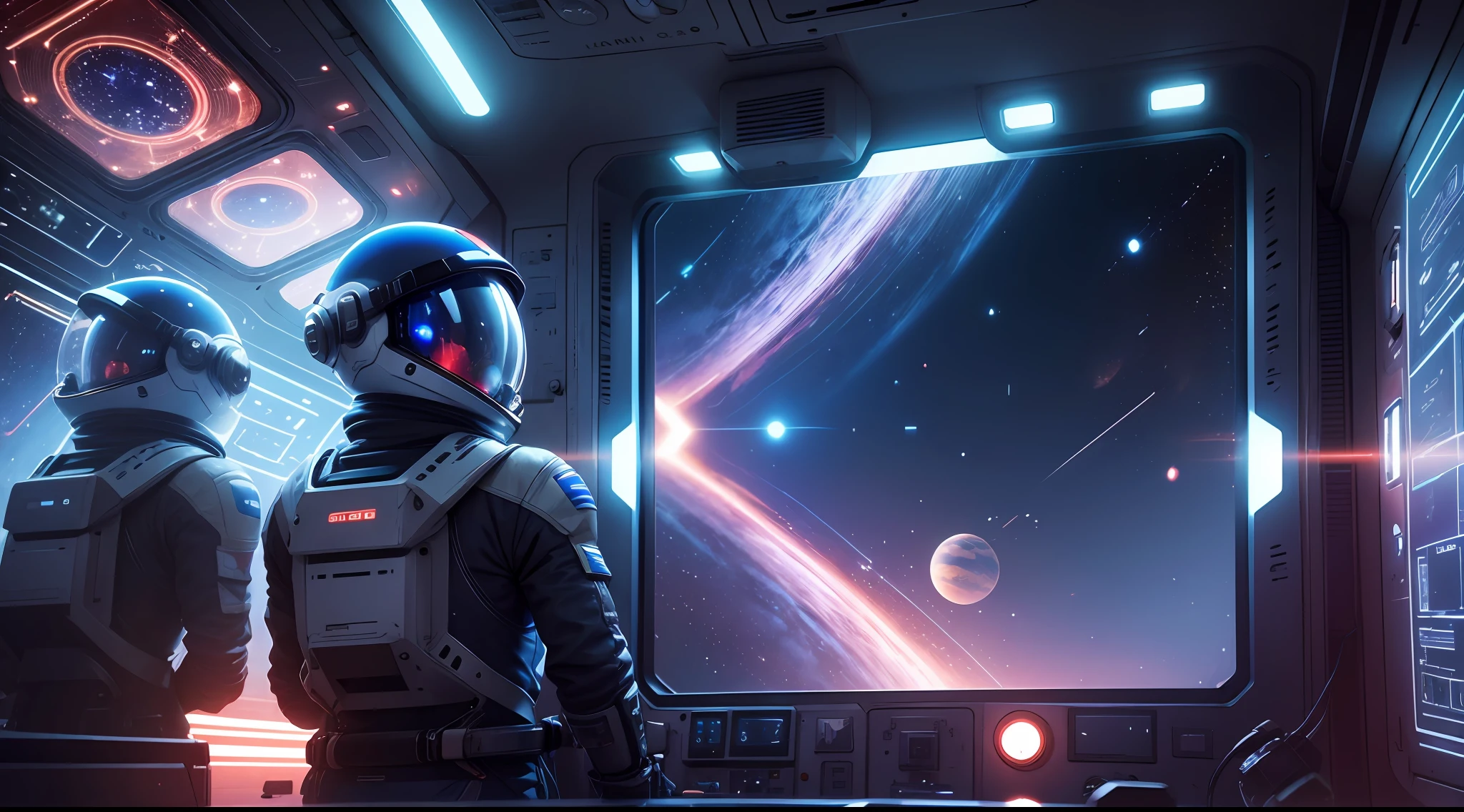 Space station, inside the capsule, a large number of displays, slightly red lights, blue planets on the large display, helmeted astronauts in the control room observation screen, blue planets outside the window, metallic texture, futuristic, cinematic lighting, cinematic lighting, super detail, close-up, ultra HD --auto --s2