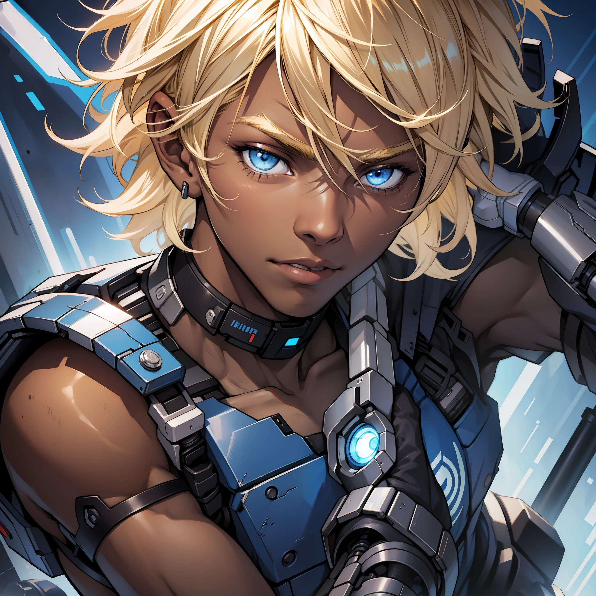 Boy short and messy hair, blonde hair, dark skin, dark skin, vibrant blue eyes, cyborg part, mechanical left arm