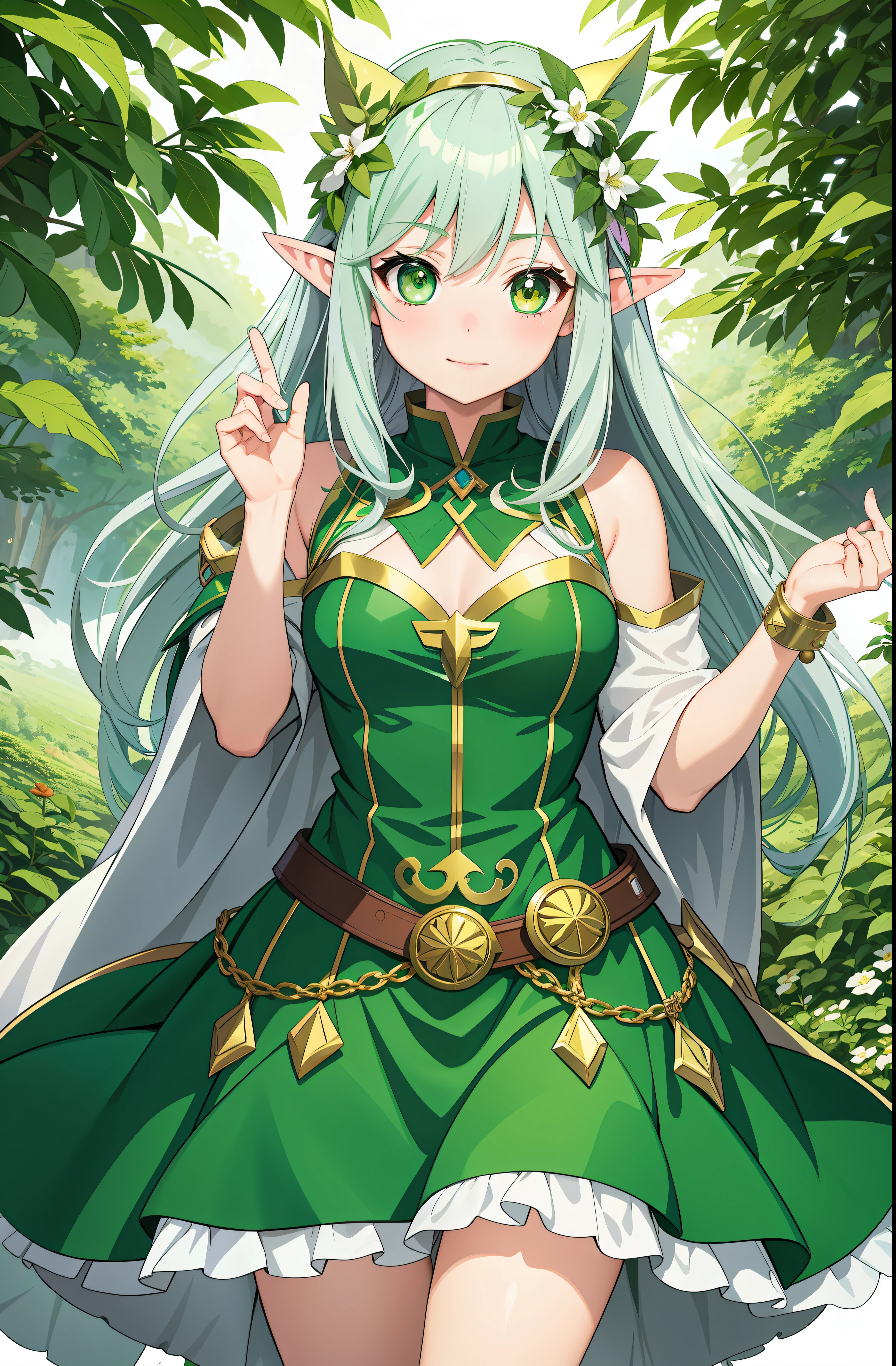Anime girl with green eyes, elf girl, official character art, shadow universe style, elf girl in flower dress, art style of Rune Factory 5, official art, goblin queen of summer forest, druid, she has elf ears and golden eyes, official artwork with high detail, official character illustration, colored line art, alchemist girl