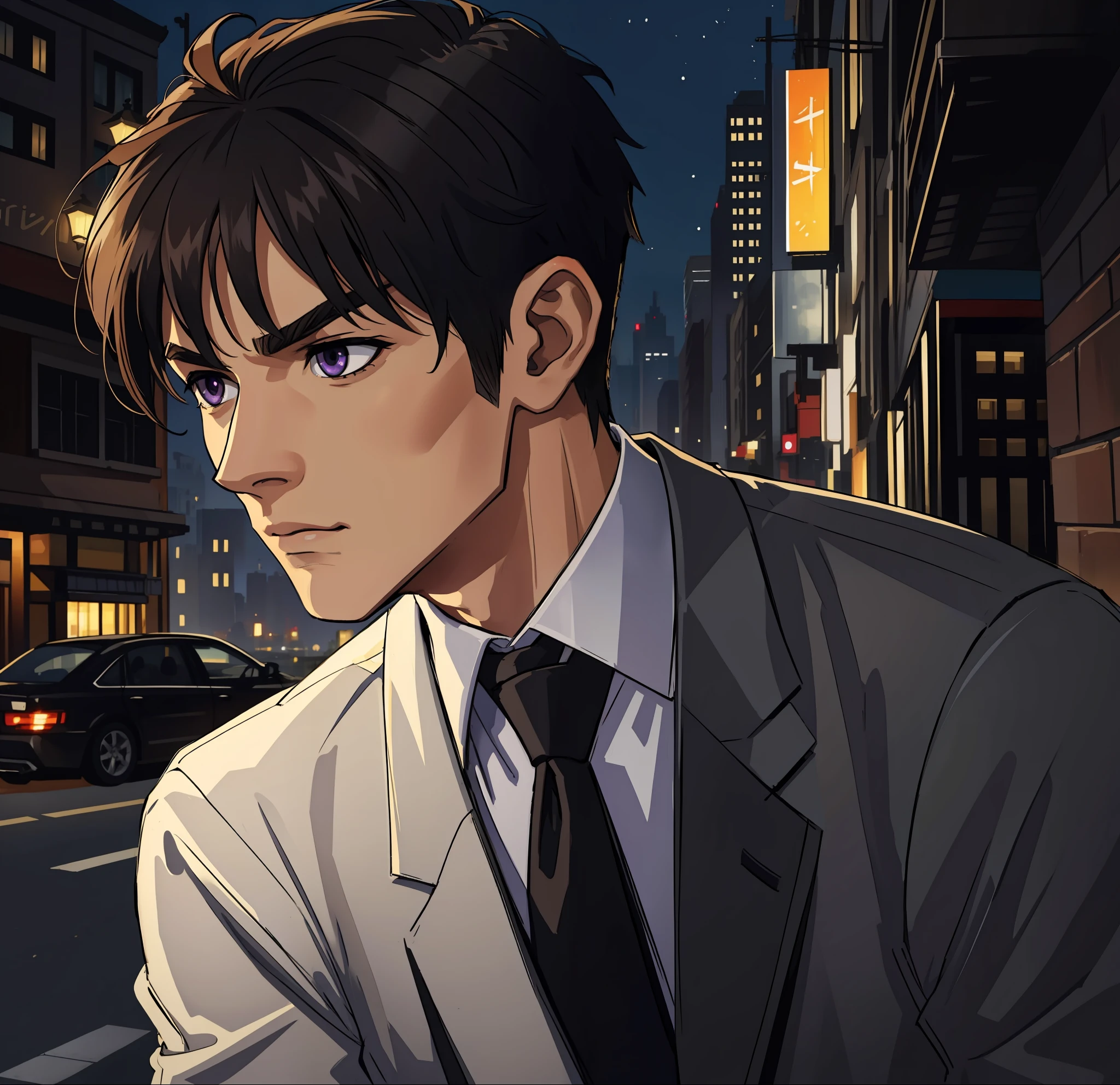 (masterpiece, best quality), intricate details, 8k, artstation, wallpaper, official art, splash art, sharp focus, 1 man, short hair above ear shaved on the sides, serious expression, brown skin, bright purple eyes, at night, dark black hair, slightly muscular, formal attire, white dress shirt and black tie, city in the background, buildings, cars, skyscraper, at night, very short hair from the sides shaved, face to the side