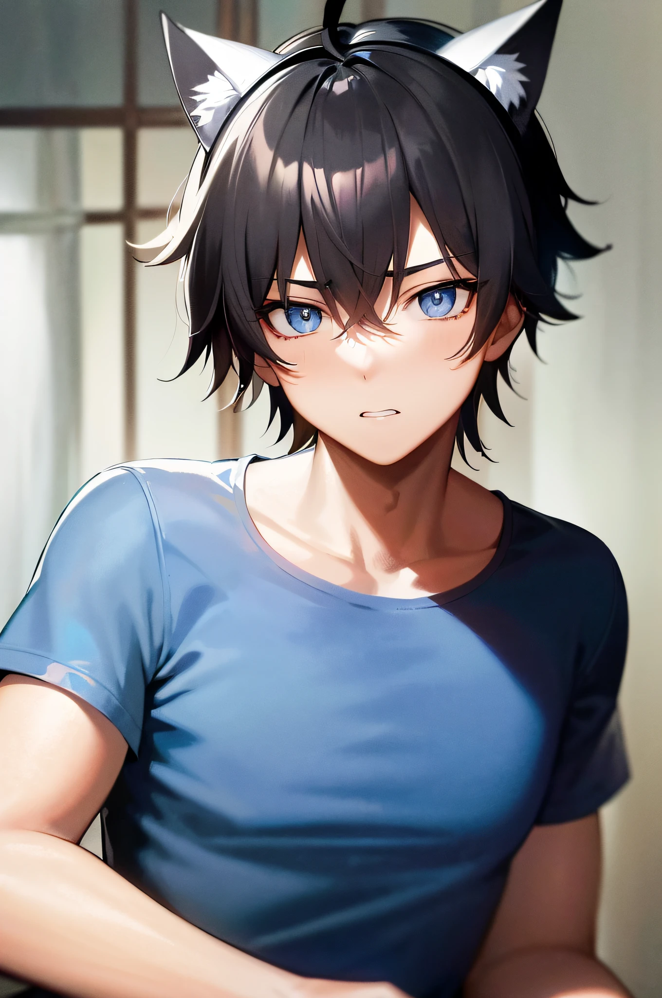 ((A male:1.2)), ((man:1.2)), ((white T-shirt:1.2)), first-person view, glaring, Face Shot, soft light, An exquisitely detailed and beautifully rendered CG artwork featuring the epic, blue-eyed protagonist Gojou Satoru gazing directly at the viewer while standing at In the morning mist, blue eyes, (short black hair:1.2),bandage on face, ((black fake cat ears:1.2)), (deserted roads in dense forests:1.2), (shy:1.2), ((the romance of technology:1.2)), styled with a captivating hairdo, cute, accentuated with bangs and hair between eyes, highlighting his distinctive and stylish black and short hair, This dynamic composition expertly showcases his strong male focus, in a manner that captivates and intrigues viewers