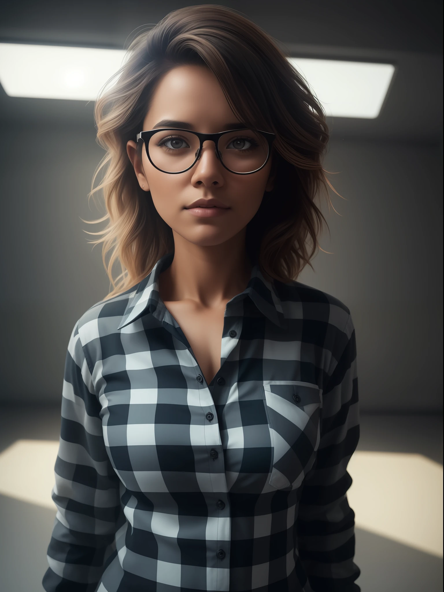 by lee jeffries nikon d850 film stock 4 kodak portra 400 camera f1.6 lens rich colors hyper realistic texture dramatic lighting unrealengine trend in artstation cinestill 800, face extremely detailed, realistic, best qualified, photorealistic, quality 8k, high ress, standing, (looking at camera), (1man, teacher, glasses, checkered shirt, messy hair), first-person view