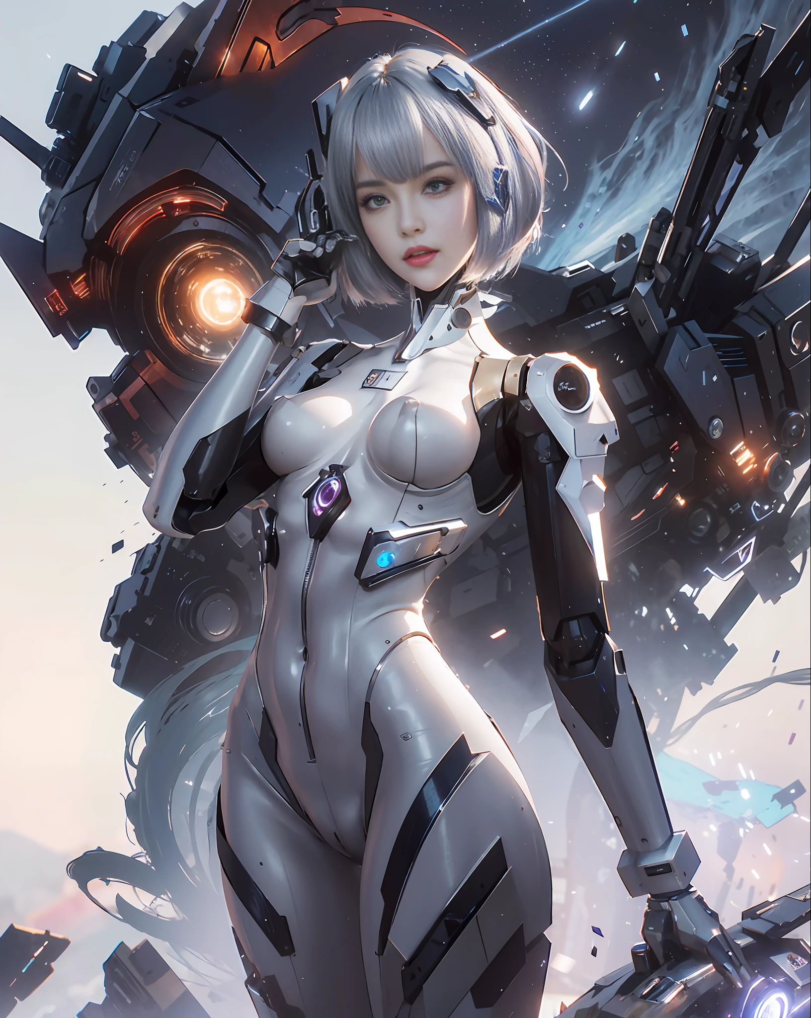 anime girl with futuristic body and headgear standing in front of a giant robot, female mecha, anime robotic mixed with organic, perfect anime cyborg woman, girl in mecha cyber armor, cute cyborg girl, cyborg - girl with silver hair, ayanami, cyberpunk anime girl mech, anime cyborg, mecha asthetic, beutiful girl cyborg, perfect android girl, masterpiece, superdeformed, full body: 1.2, ultra high res, RAW photo, masterpiece, ultra detailed,8k,full detailed hair,highres, best quality, ultra high res,ultral detailed face and eyes, (photorealistic:1.4), looking at viewer, smiling, cute, huge ass, (ray tracing:1.4),(long legs:1.4),big breast,narrow waist,
Best quality , masterpiece,large hip,Fully facial detailed,beautiful, very detailed of hair , , large boobs))) ,thin lips,milky way,big eyes,highres,seducing, blue eyes ,slim waist,((Lolita)), 8k, 16k, highres,