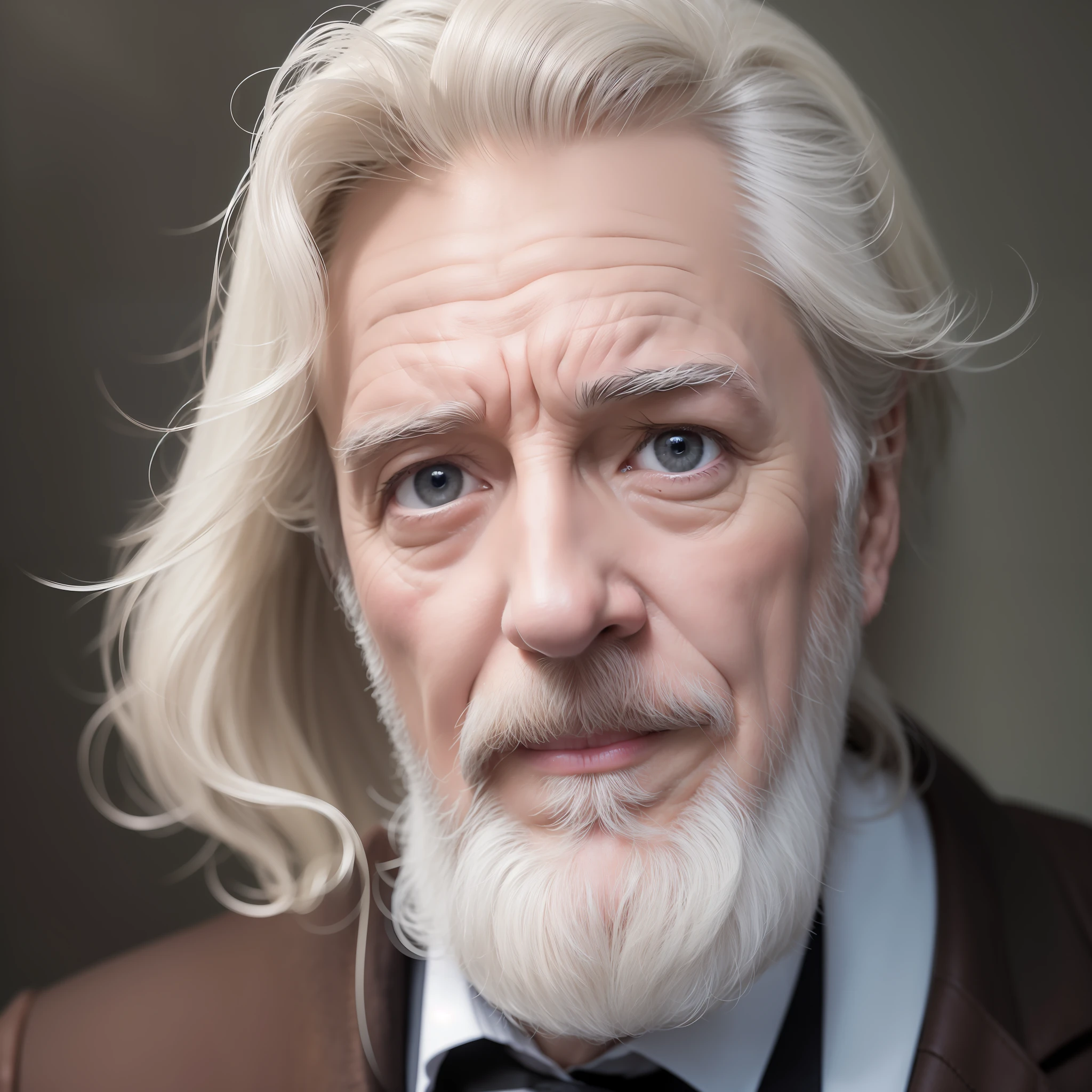 (Masterpiece), best quality, ultra-detached imagery, an iconic gentleman with his 70-year-old wisdom, signature of life in his eyes, admirable facial expression, white and well-groomed hair, proudly portrayed at a dynamic angle, natural light, twillight tone, dark background, dramaticity in facial expression.