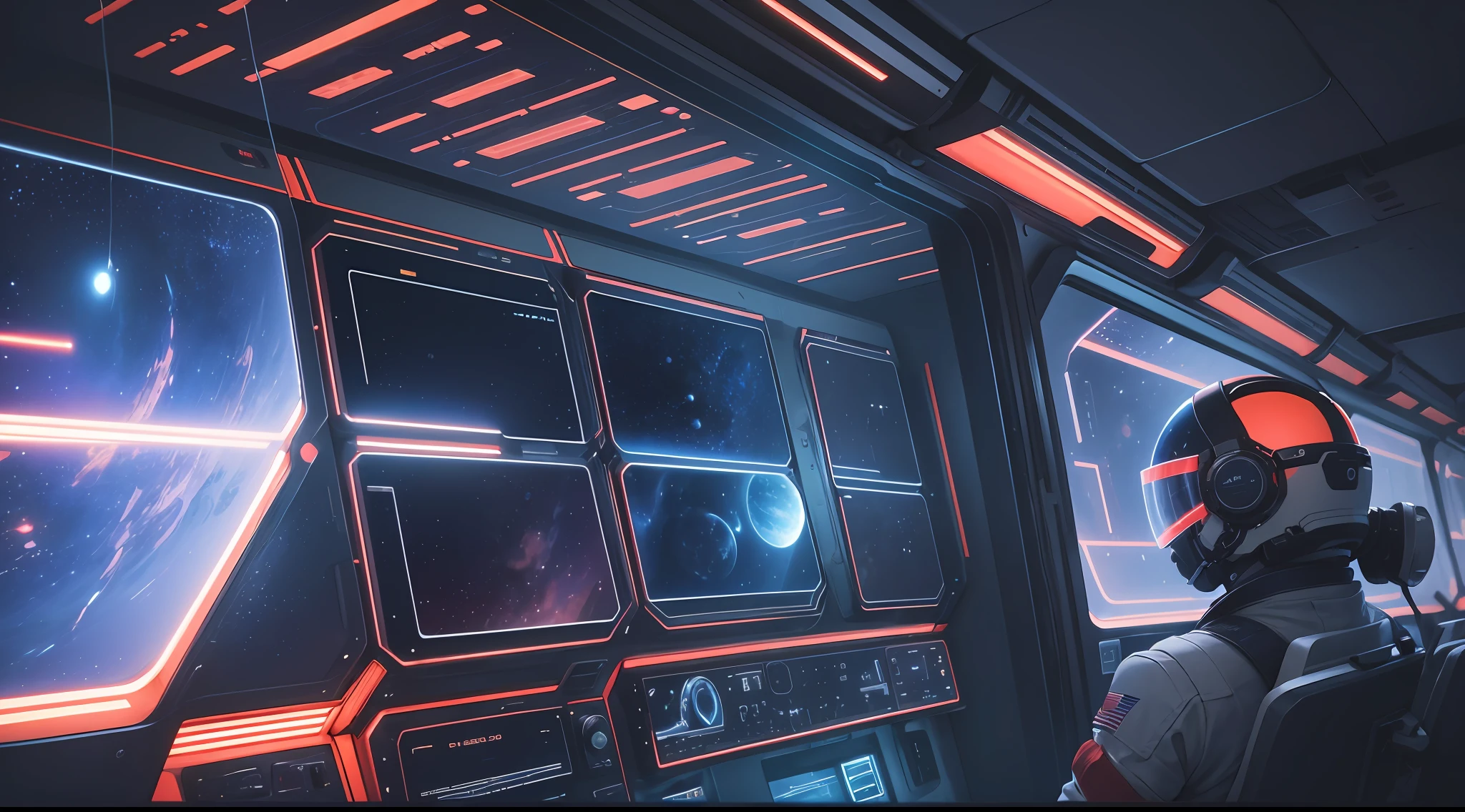 Space station, inside the capsule, a large number of displays, slightly red lights, blue planets on the large display, helmeted astronauts in the control room observation screen, blue planets outside the window, metallic texture, futuristic, cinematic lighting, cinematic lighting, super detail, close-up, ultra HD --auto --s2