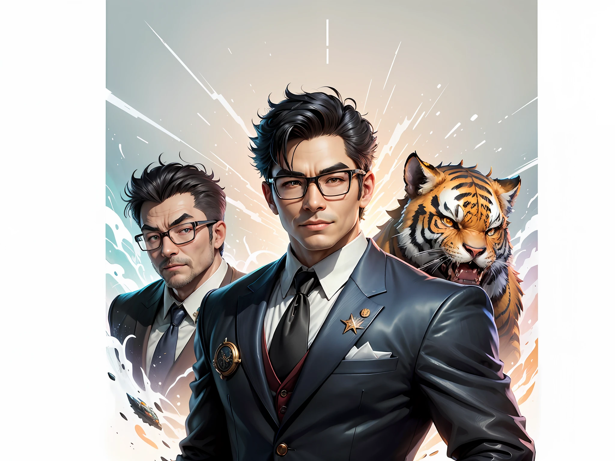 (Masterpiece), (Extreme Quality), (Super Meticulous), (Full Body: 1.2), Super Young Man, Chinese Dragon, Tiger, Wind God Thor, Sexy, Bursting, Oriental Face, TV Anchor, Bust Portrait Illustration, Black Formal Suit, Blue Tie, Slightly Chubby Face, Silver Glasses, Very Clean Face, No Beard on Chin, Black Super Short Hair, Black Eyes, Confident Smile, 3c Computer Sub-Products, iPad, iPhone, Digital Painting, 3D Character Design by Mark Claireden and Pixar and Hayao Miyazaki and Akira Toriyama, The illustration is a high-definition illustration in 4K resolution with very detailed facial features and cartoon-style visuals.