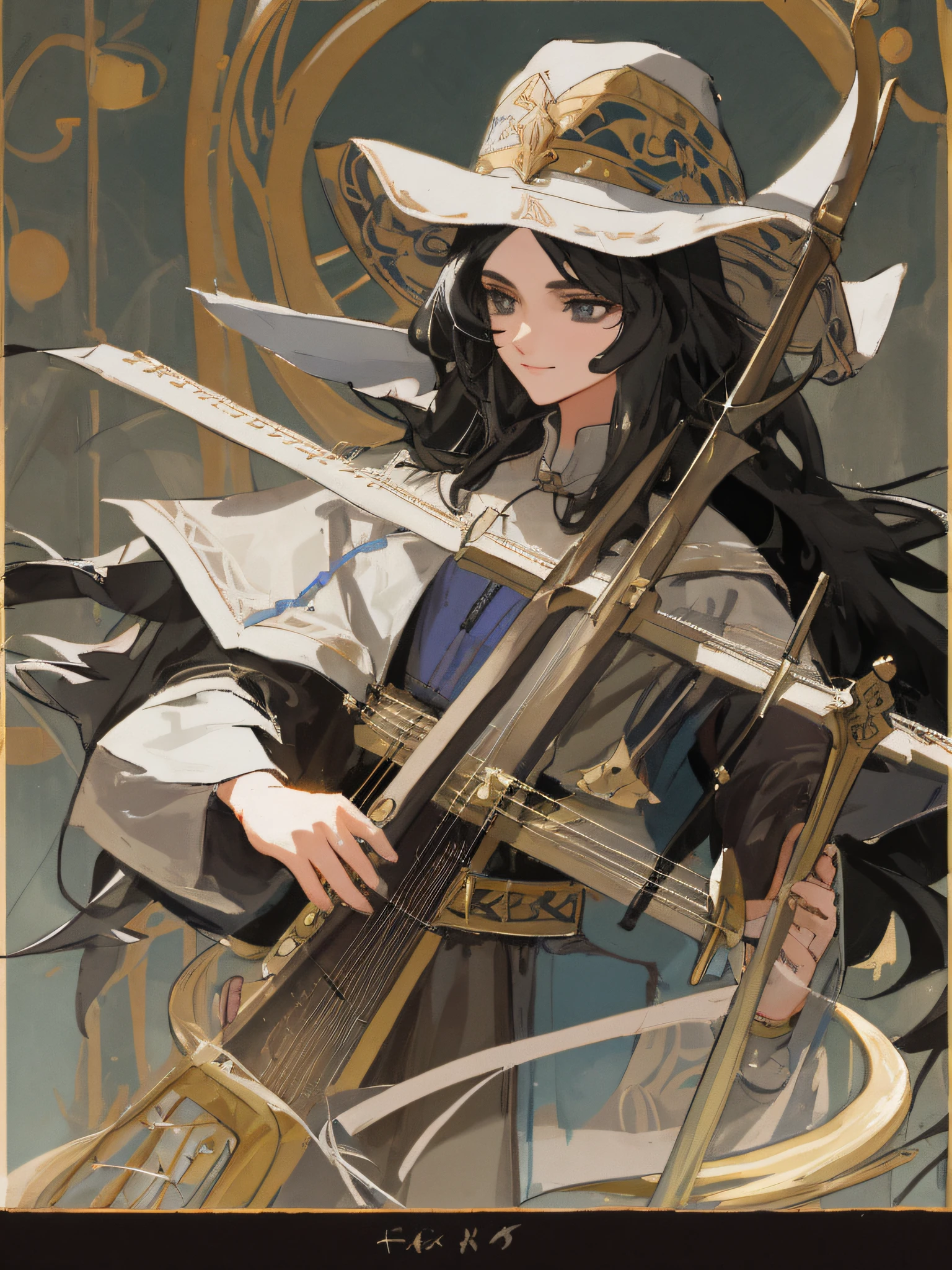 a medieval bard with black long hair and a hat