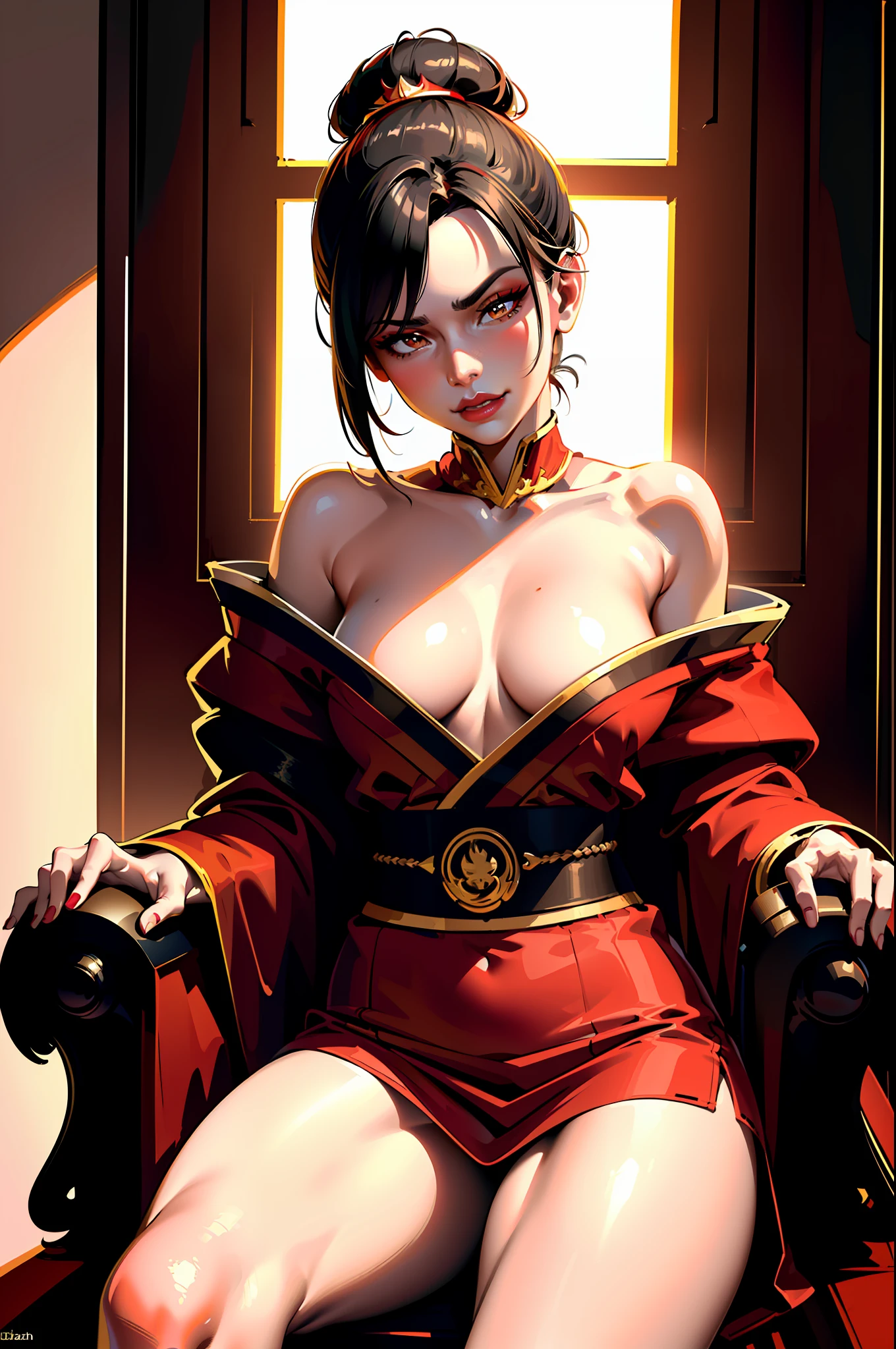 ultra-realistic 8k CG, masterpiece, ((ultra detailed background, fine drawing, intricate details, high detail, better quality fine details, hyper-detailed face)), (photorealistic: 1.4), beautiful lighting, absurdity, RAW photo, film grain, Azula, 1girl, smirk, solo, black hair, brown eyes, makeup, lipstick, red lips, single hair bun, navel, side strands, hair decoration, ((medium breasts, slim girl)), ((unbuttoned kimono)), sitting on a throne, red throne, legs spread, ((complex detailed background, inside, dim lighting, moody lighting, inside the castle, inside, medieval castle environment)), erotica